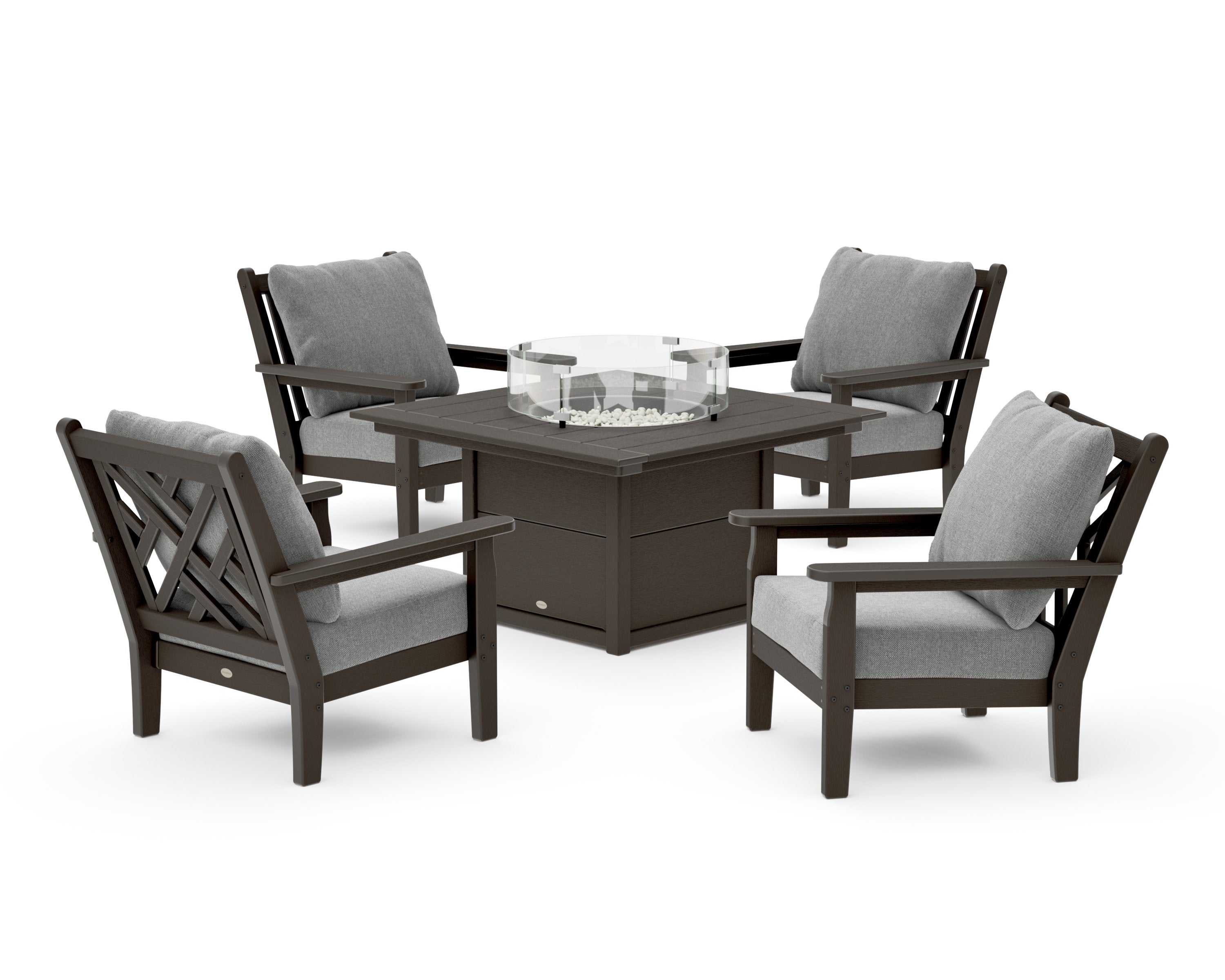 Chippendale 5-Piece Deep Seating Set with Fire Pit Table in Vintage Coffee / Grey Mist