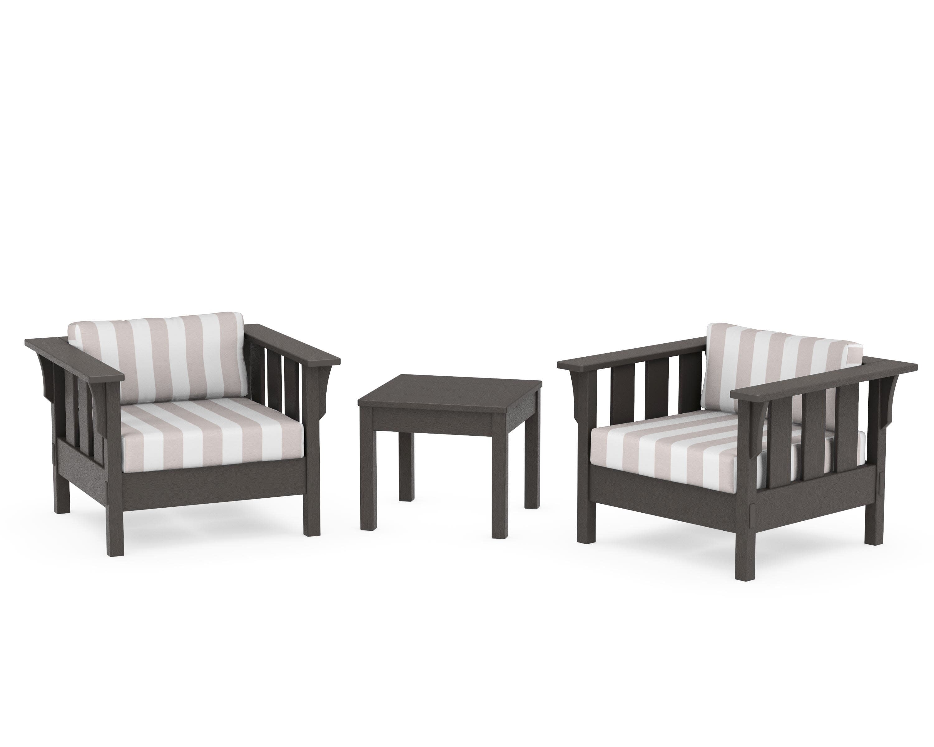 Acadia 3-Piece Deep Seating Set in Vintage Coffee / Cabana Stripe Dune Burlap