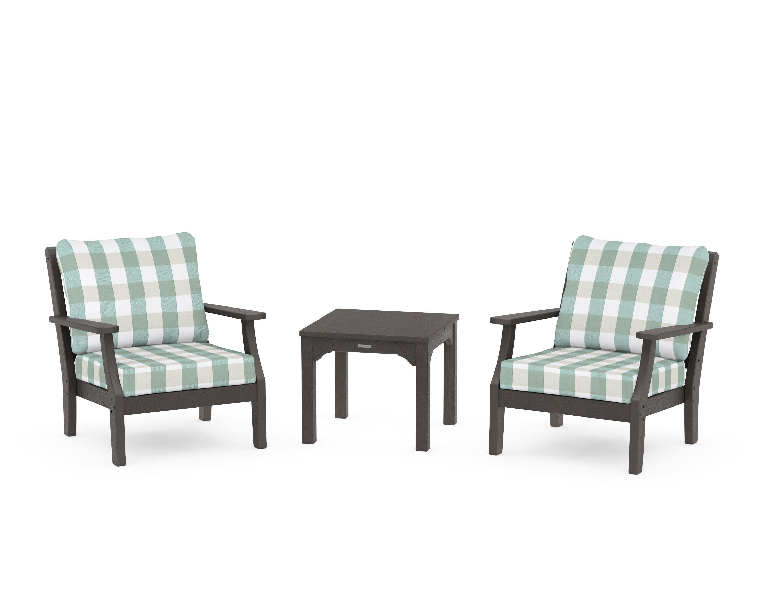 Chinoiserie 3-Piece Deep Seating Set in Vintage Coffee / Buffalo Plaid Glacier Spa