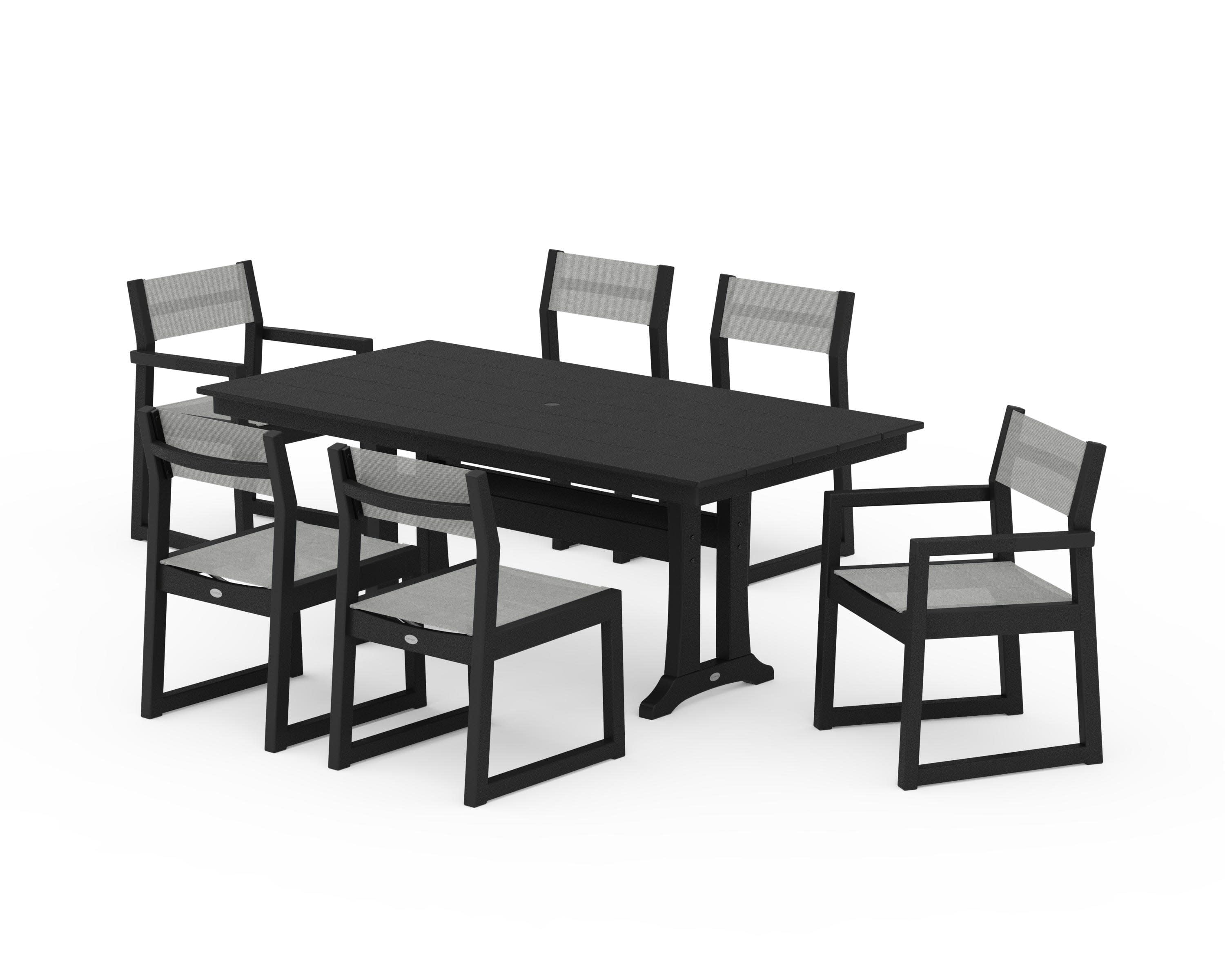 EDGE Sling 7-Piece Farmhouse Trestle Dining Set in Black / Metallic Sling