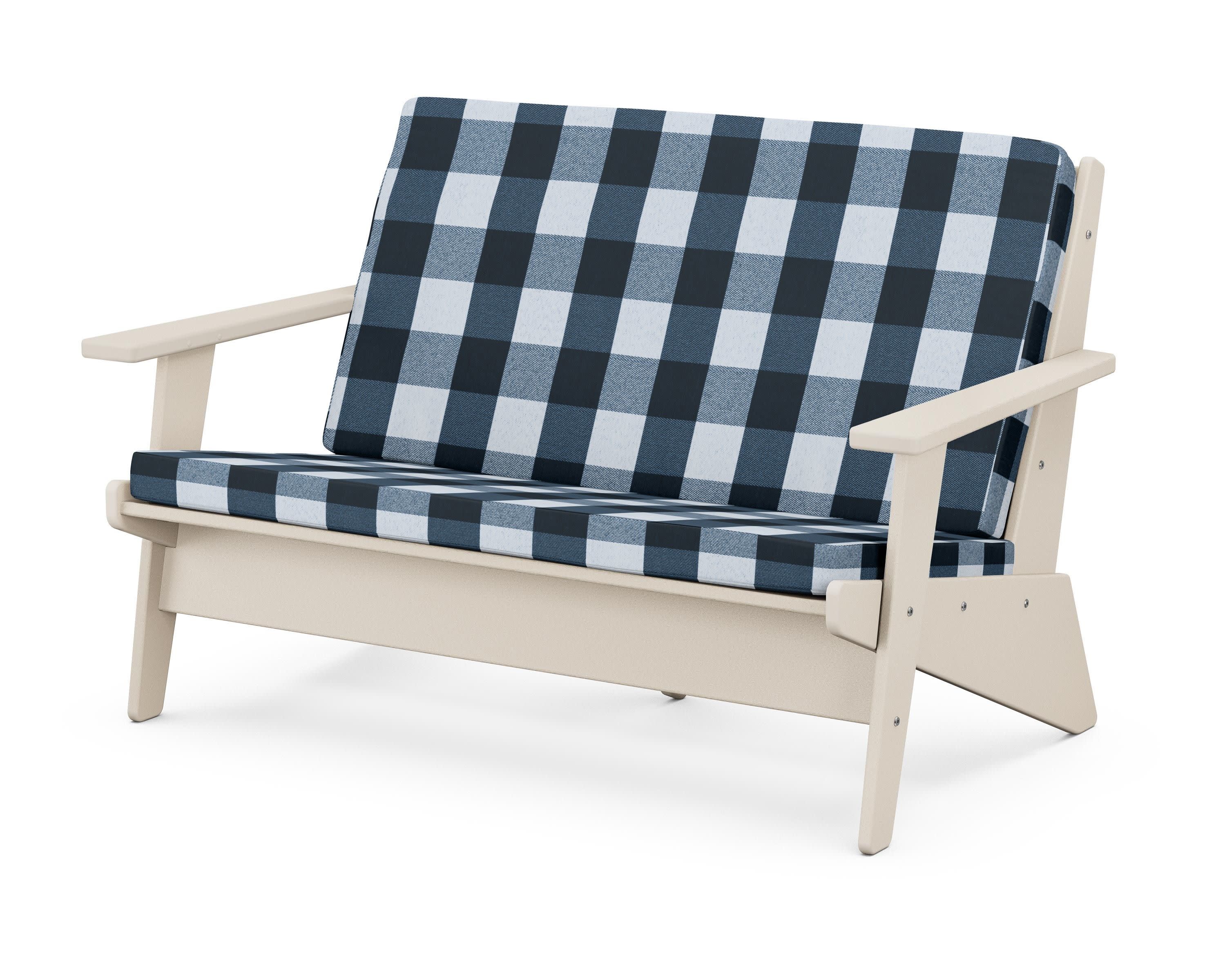 Riviera Modern Lounge Loveseat in Sand / Buffalo Plaid Marine Indigo