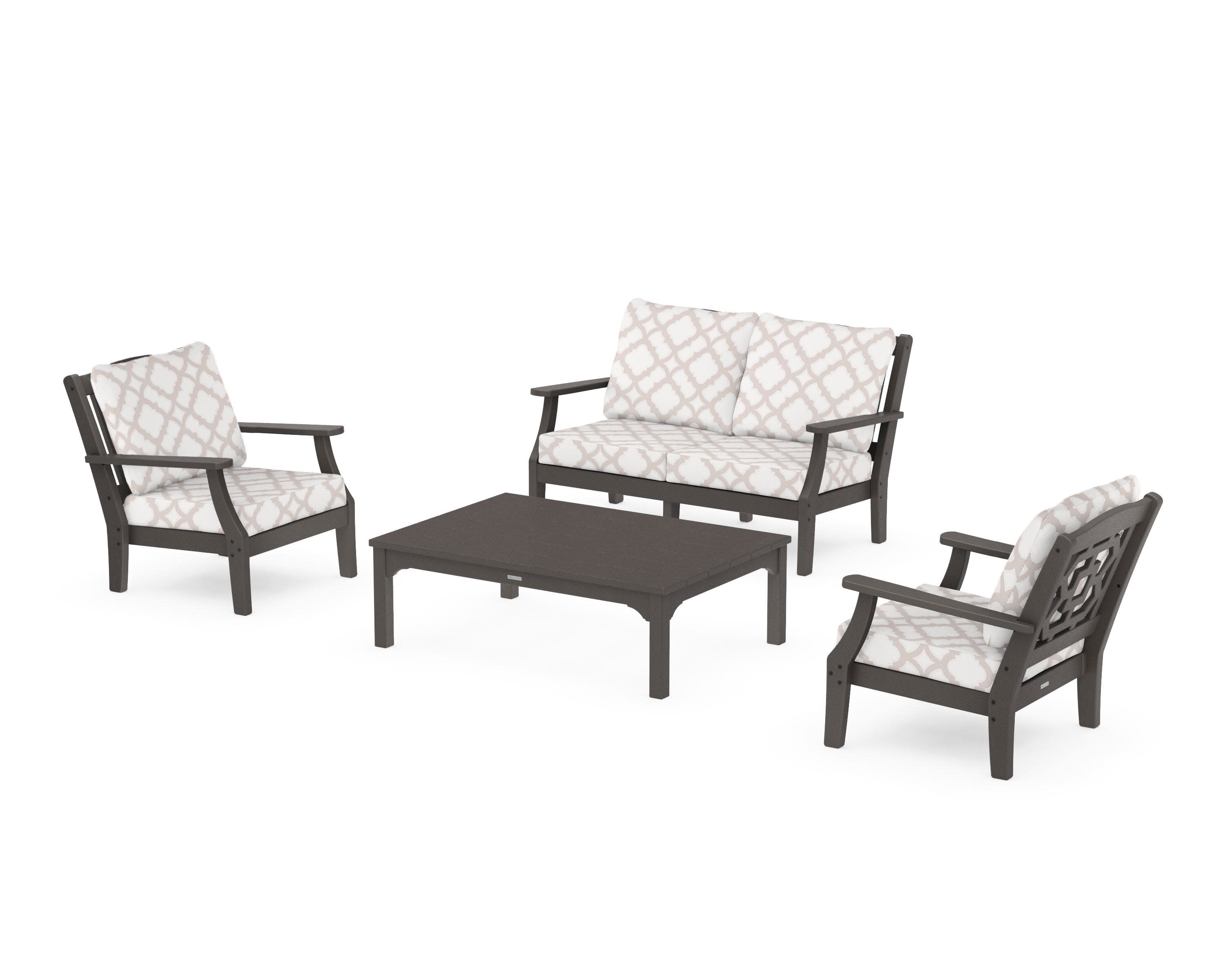 Chinoiserie 4-Piece Deep Seating Set with Loveseat in Vintage Coffee / Trellis Dune Burlap