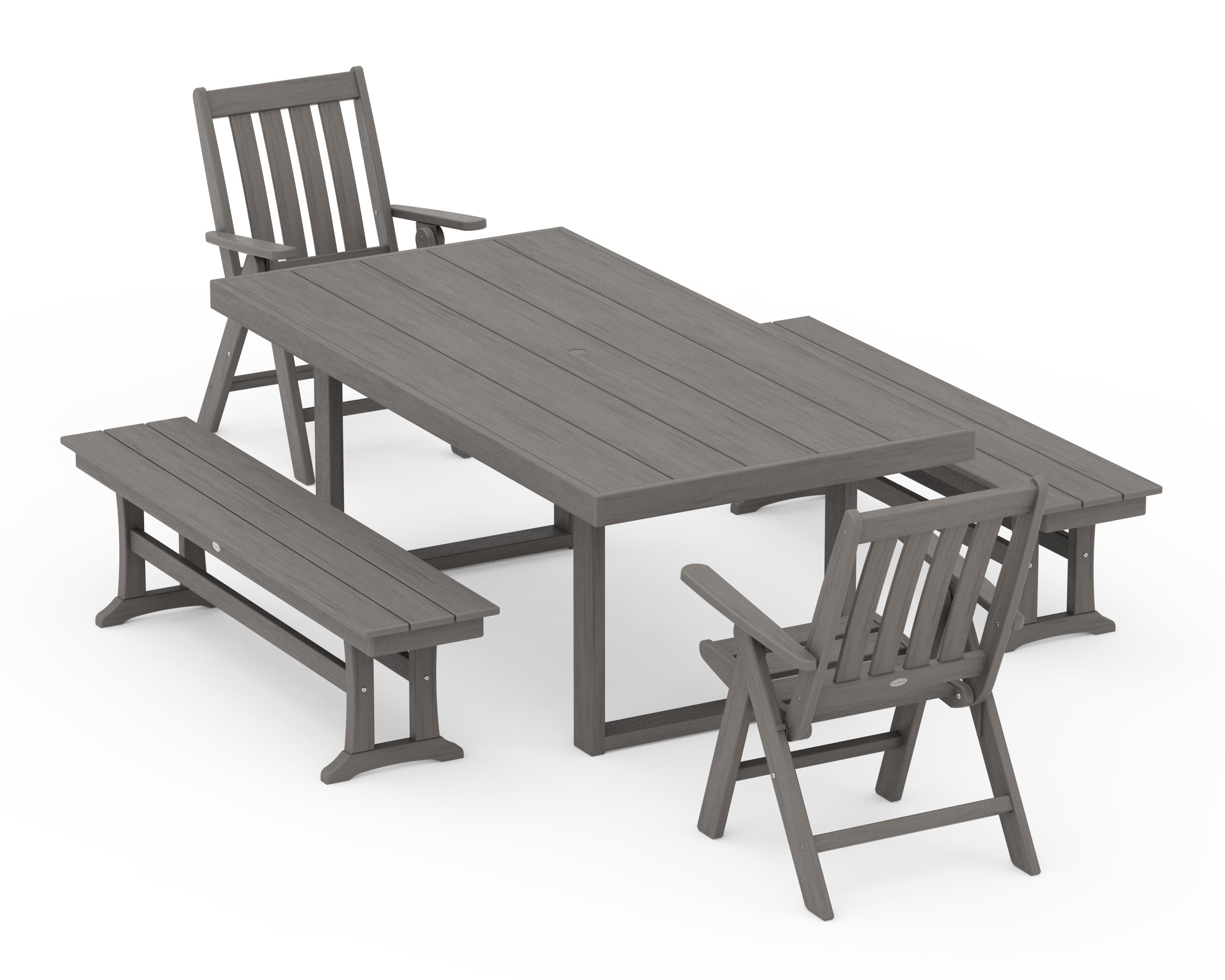 Vineyard Folding Chair 5-Piece Dining Set with Benches in Driftwood