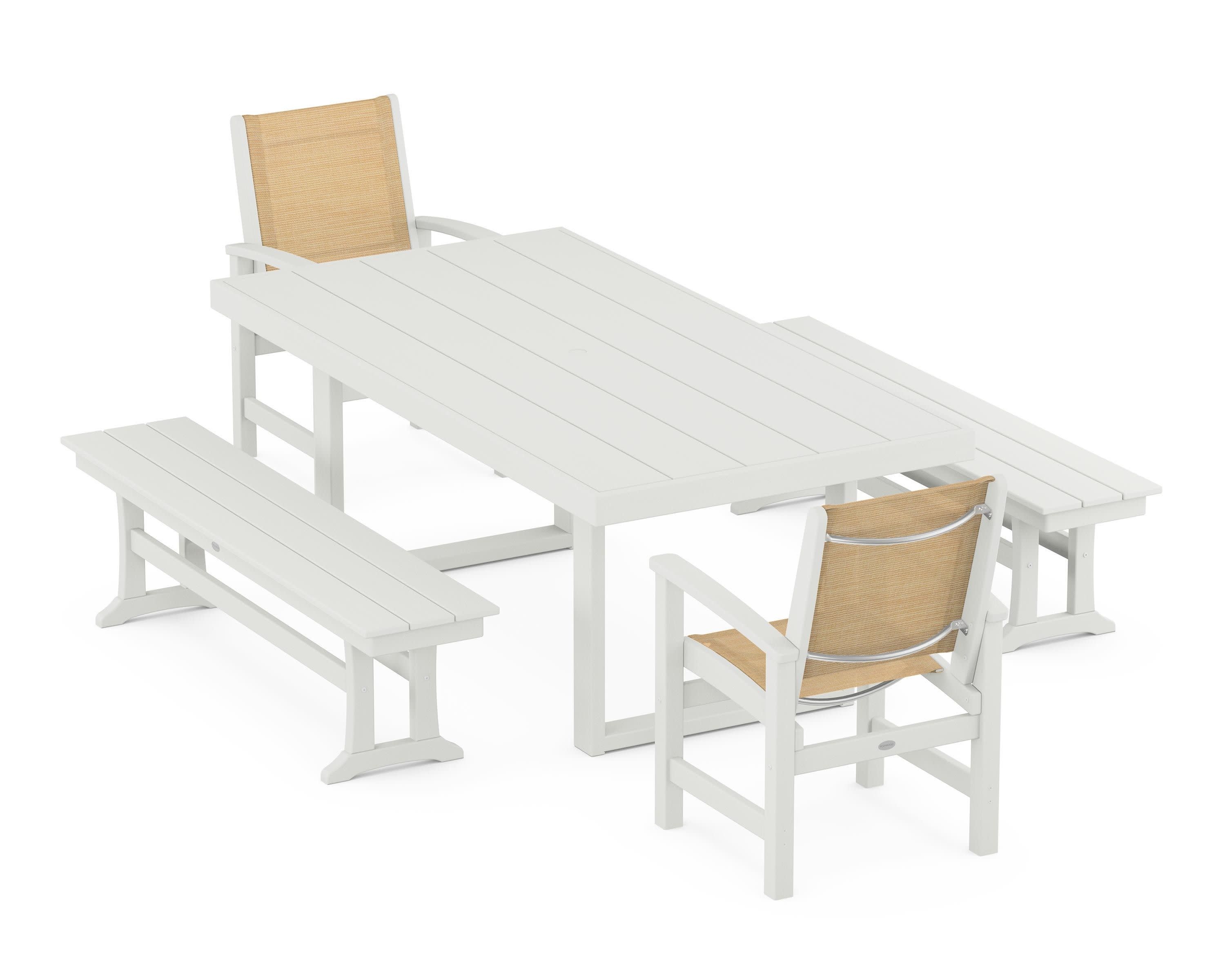 Coastal 5-Piece Dining Set with Trestle Legs in Vintage White / Dupioni Apricot Sling