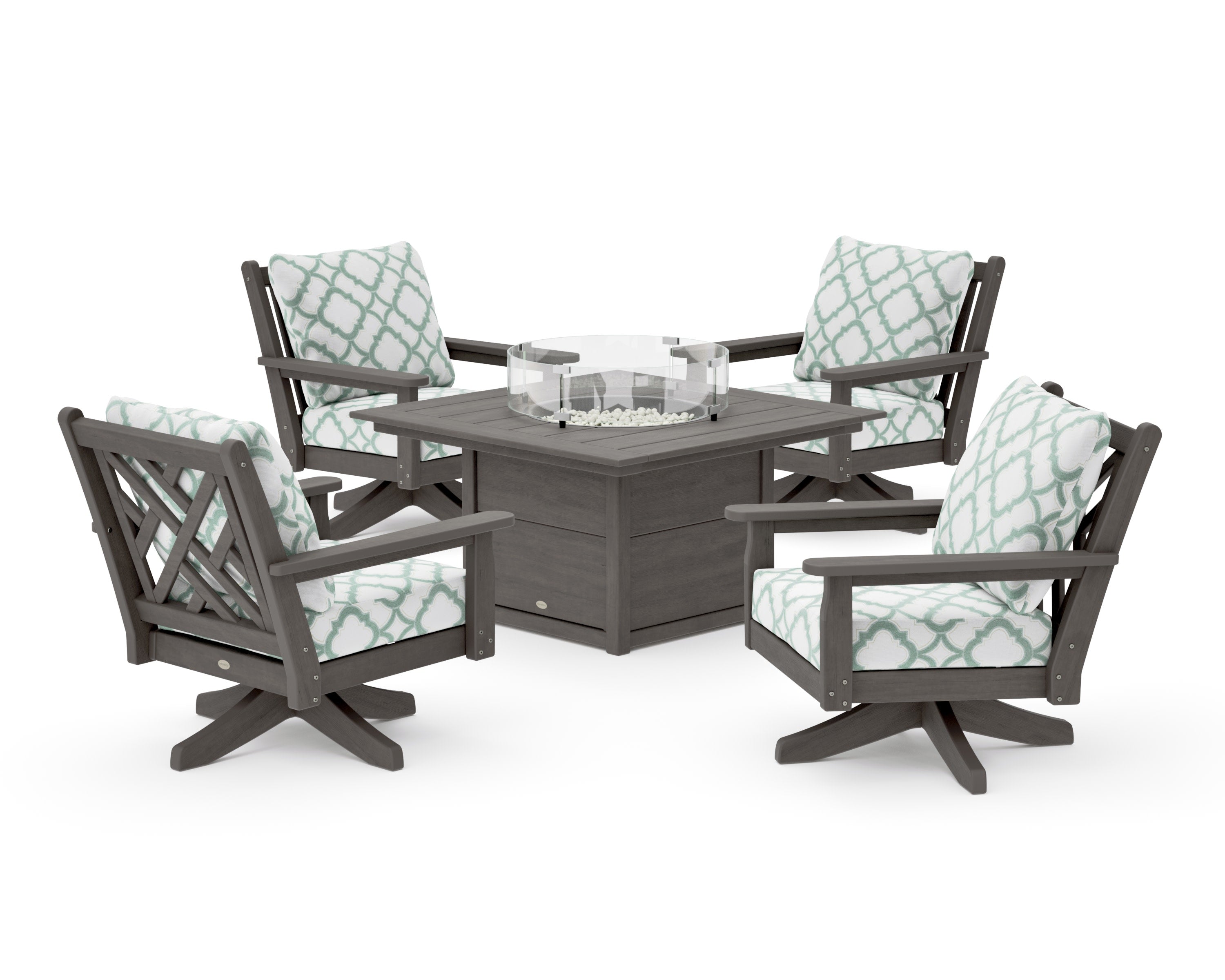 Chippendale 5-Piece Deep Seating Swivel Conversation Set with Fire Pit Table in Driftwood / Trellis Glacier Spa