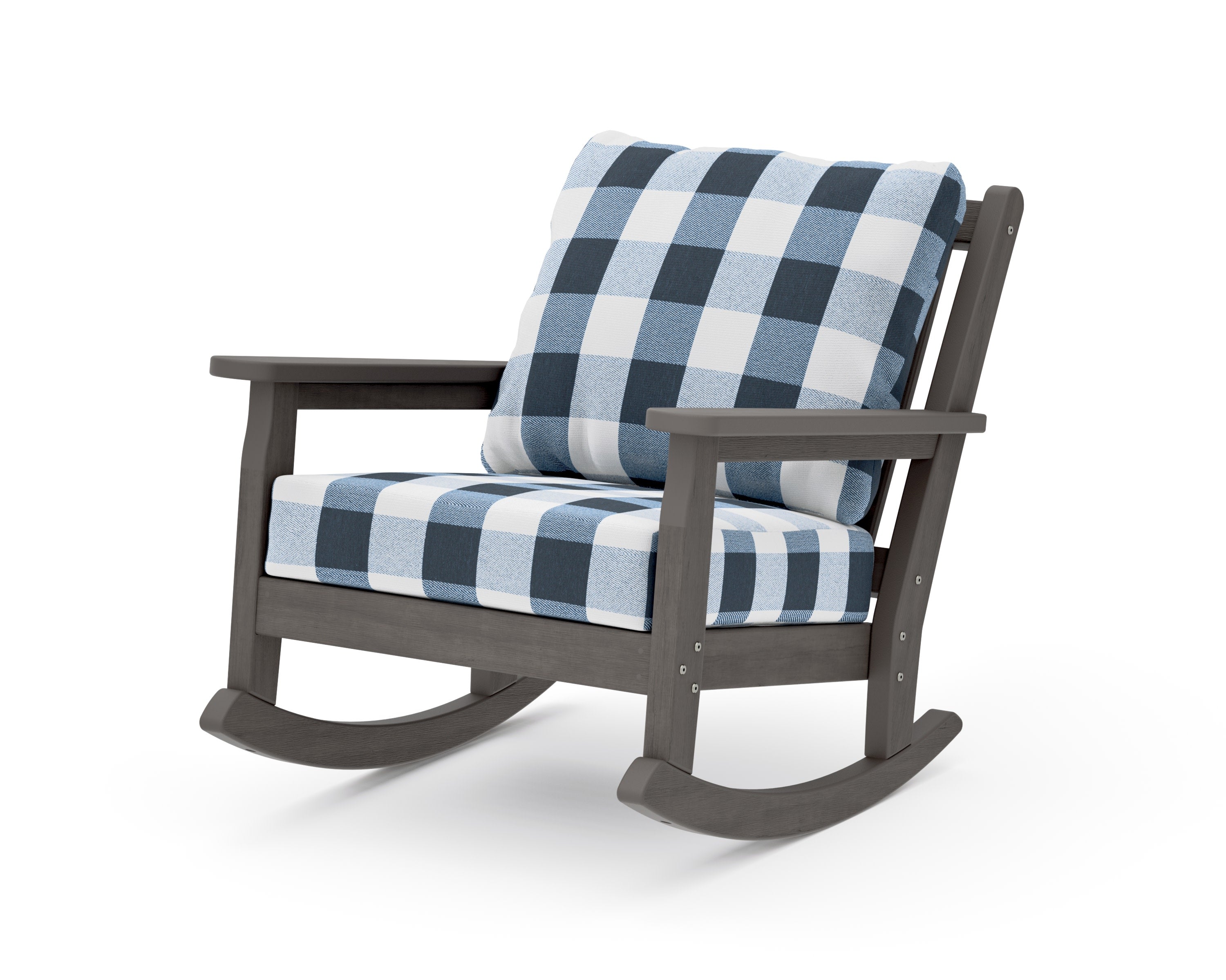 Chippendale Deep Seating Rocking Chair in Driftwood / Buffalo Plaid Marine Indigo