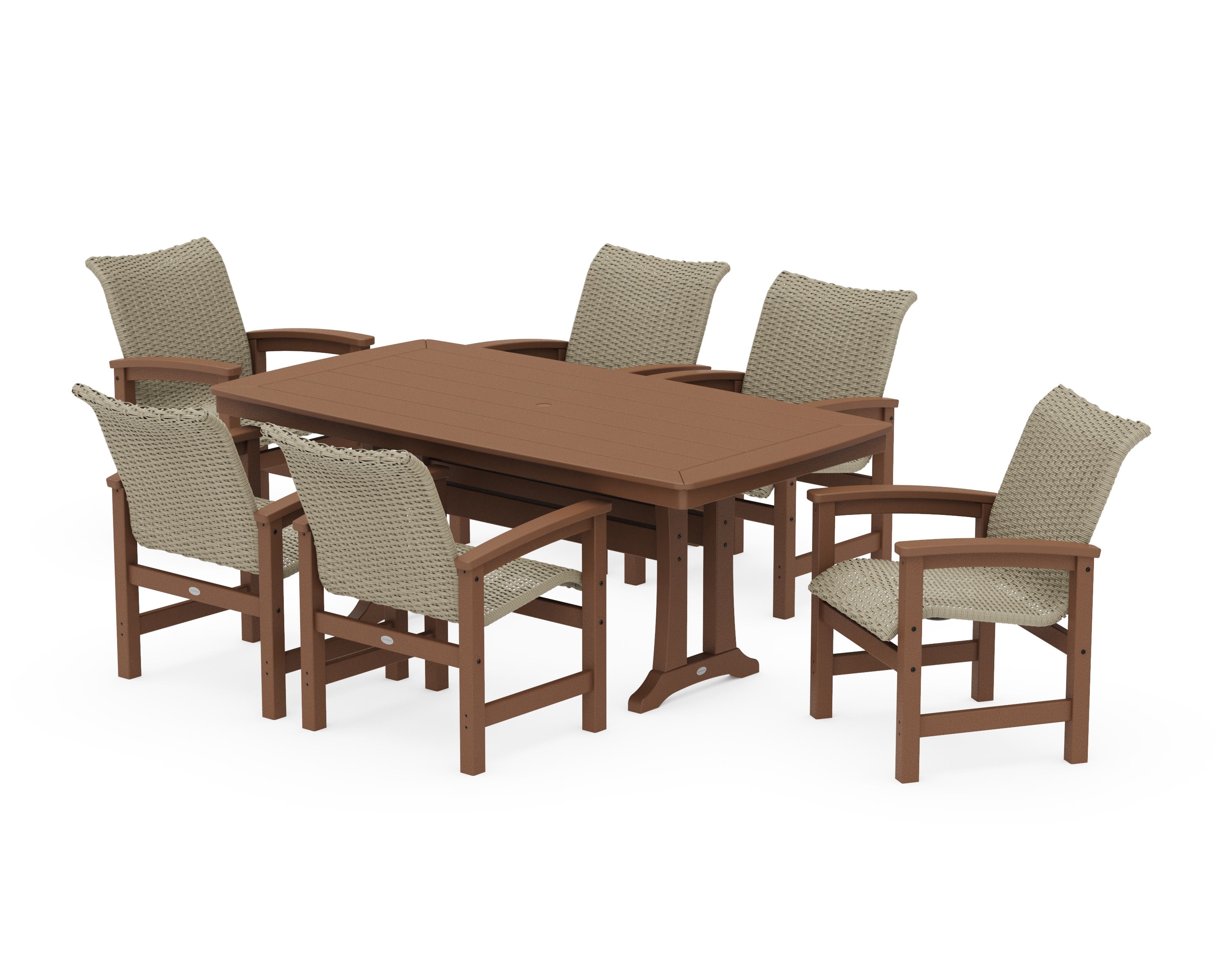 Coastal Woven Arm Chair 7-Piece Dining Set with Trestle Legs in Teak / Dune Grass