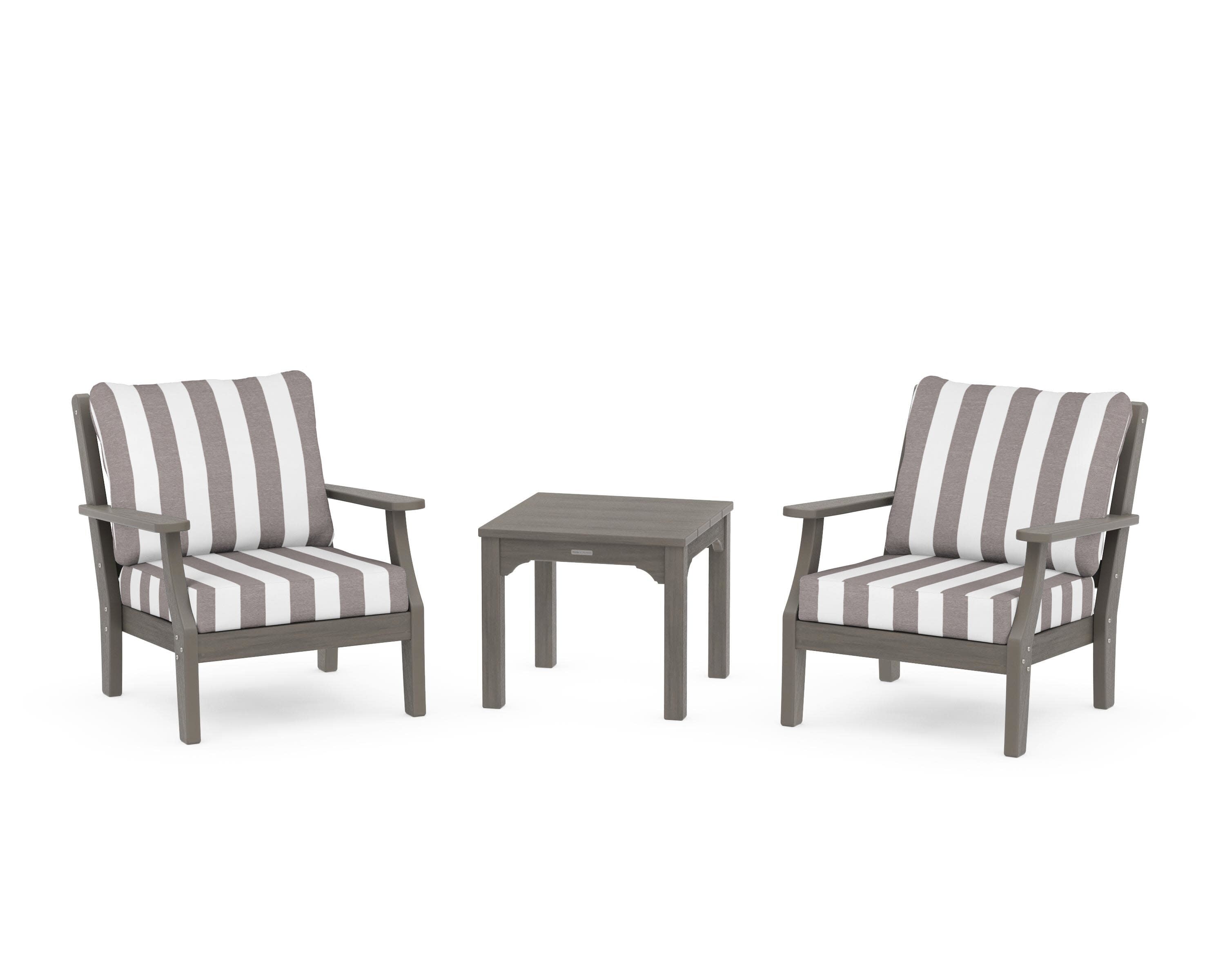 Chinoiserie 3-Piece Deep Seating Set in Driftwood / Cabana Stripe Grey Mist