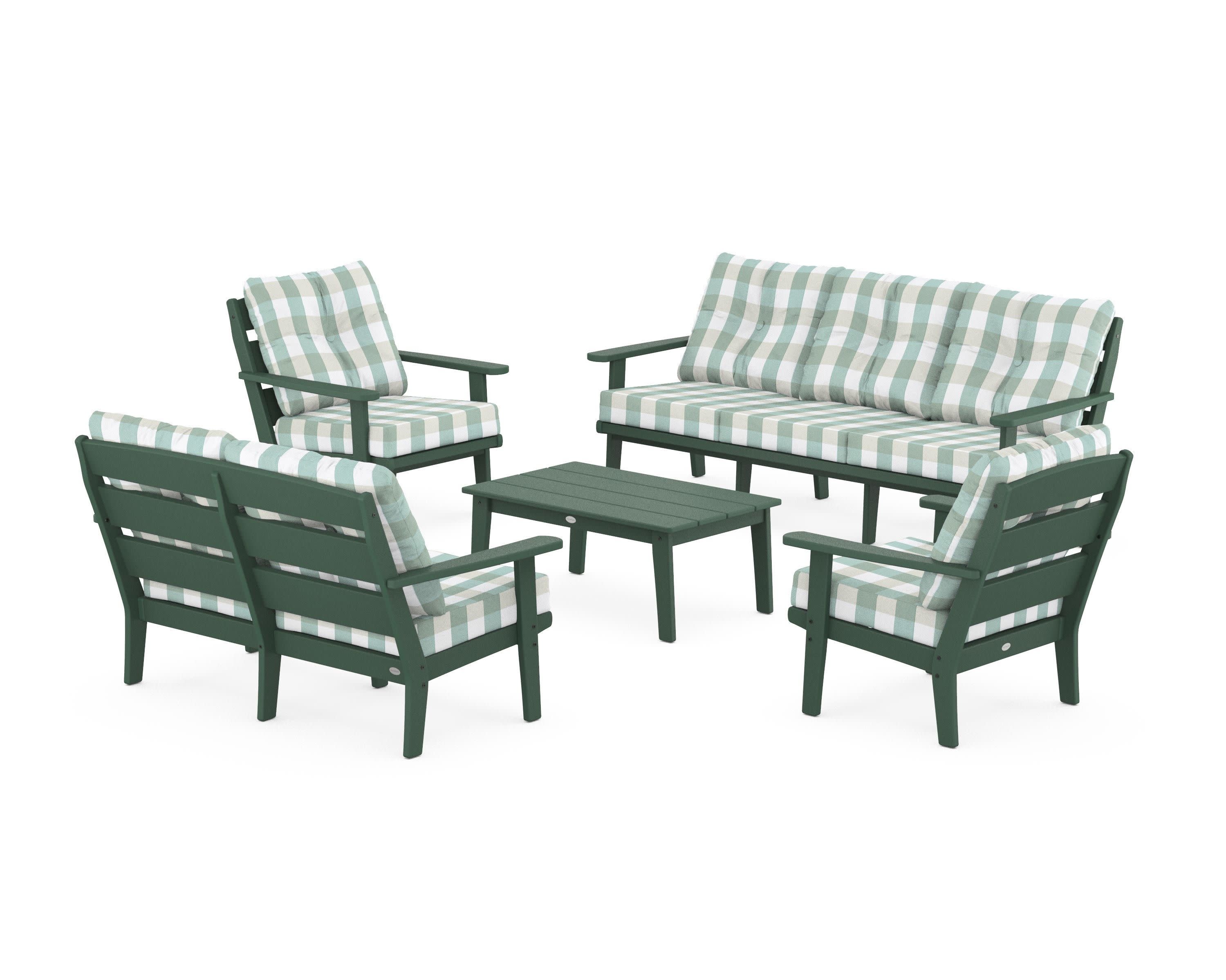 Lakeside 5-Piece Lounge Sofa Set in Green / Buffalo Plaid Glacier Spa