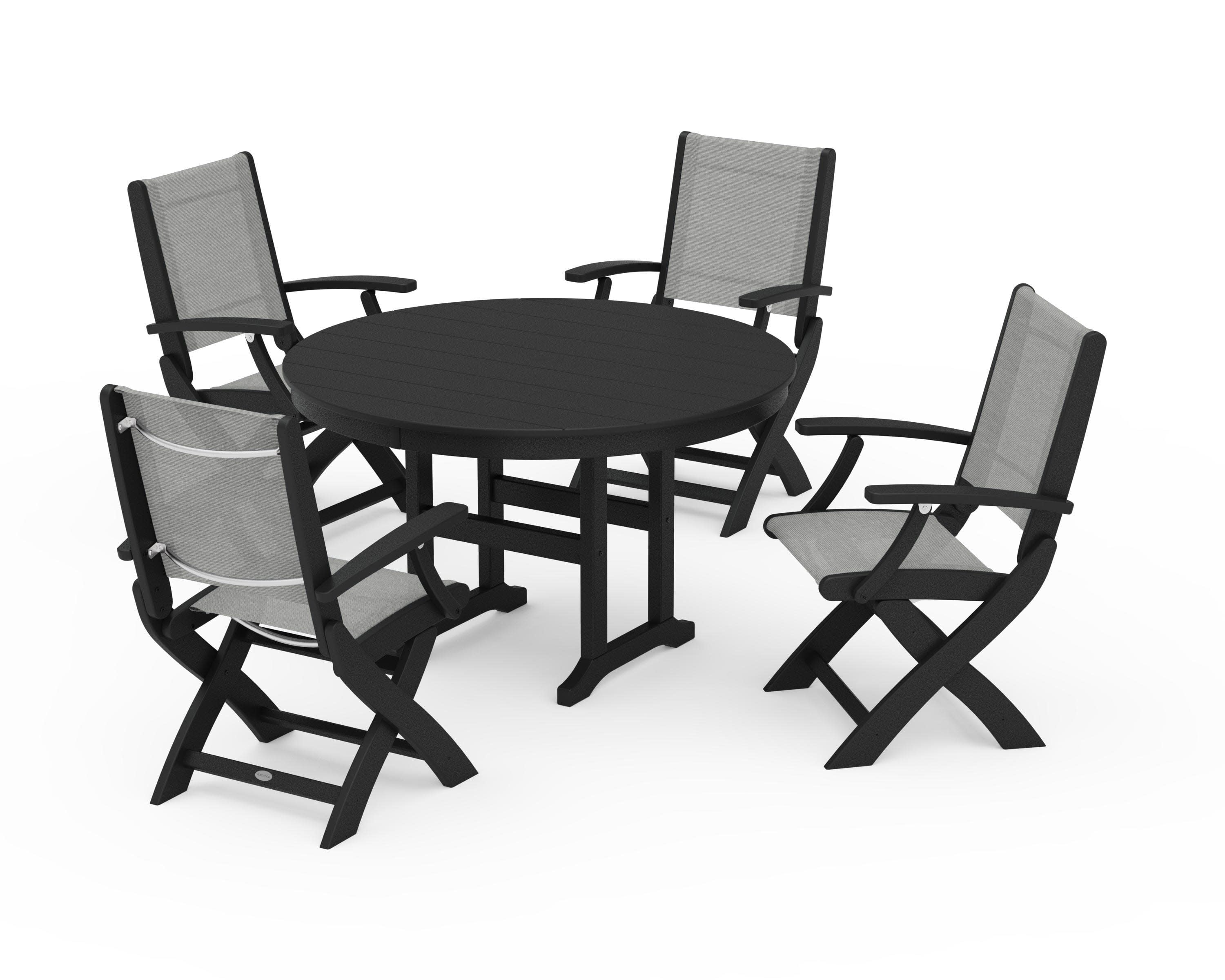Coastal Folding Chair 5-Piece Round Dining Set in Black / Metallic Sling