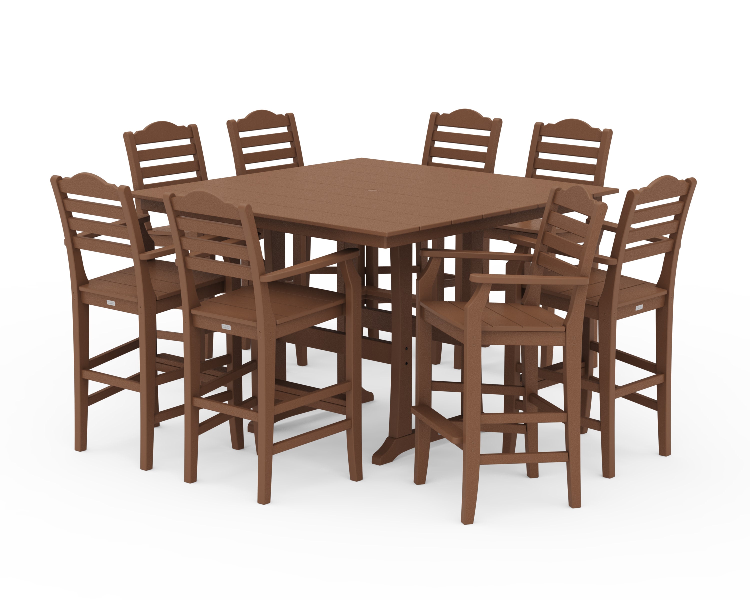 Savannah 9-Piece Square Farmhouse Bar Set with Trestle Legs in Teak