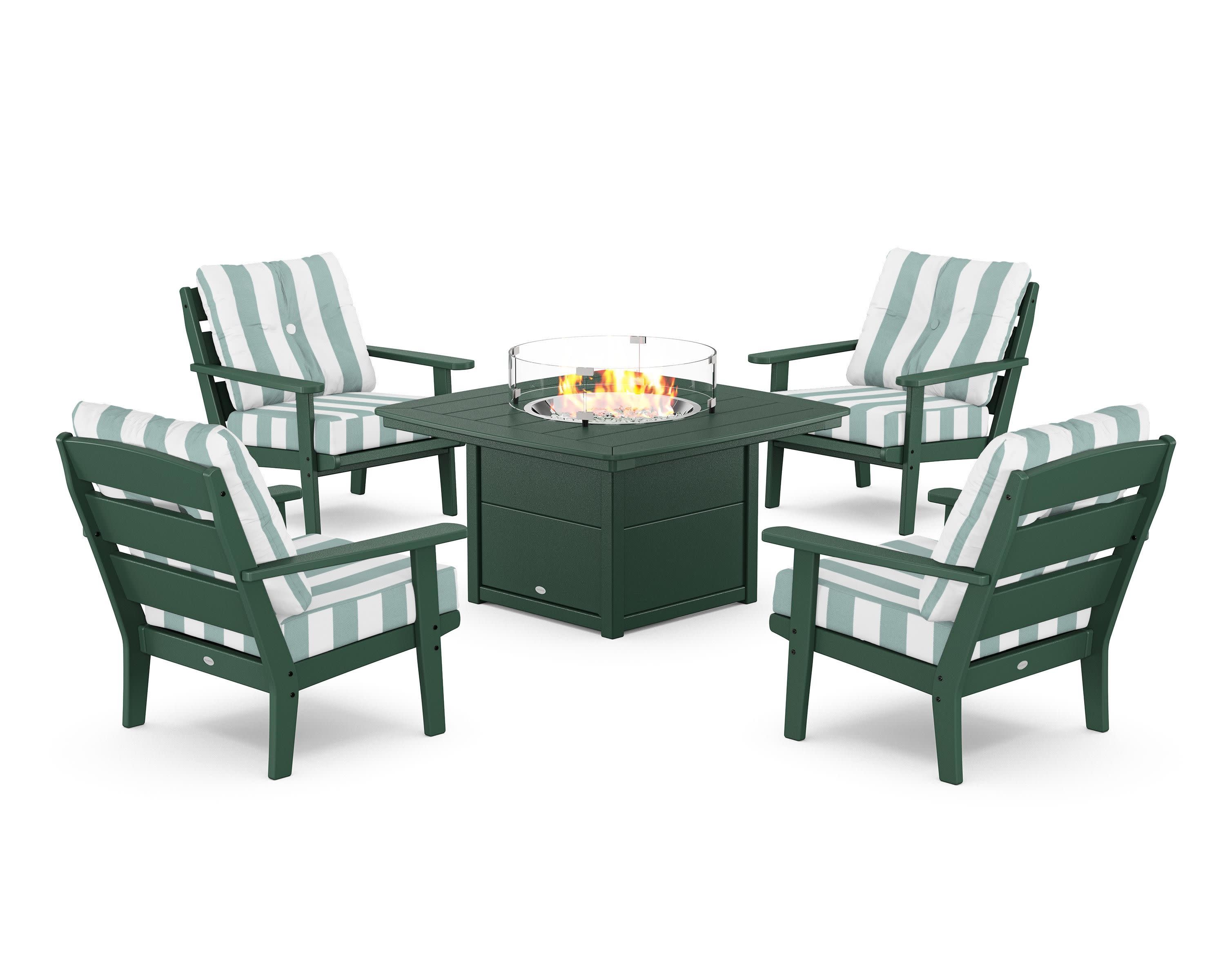 Lakeside 5-Piece Deep Seating Set with Nautical Fire Pit Table in Green / Cabana Stripe Glacier Spa