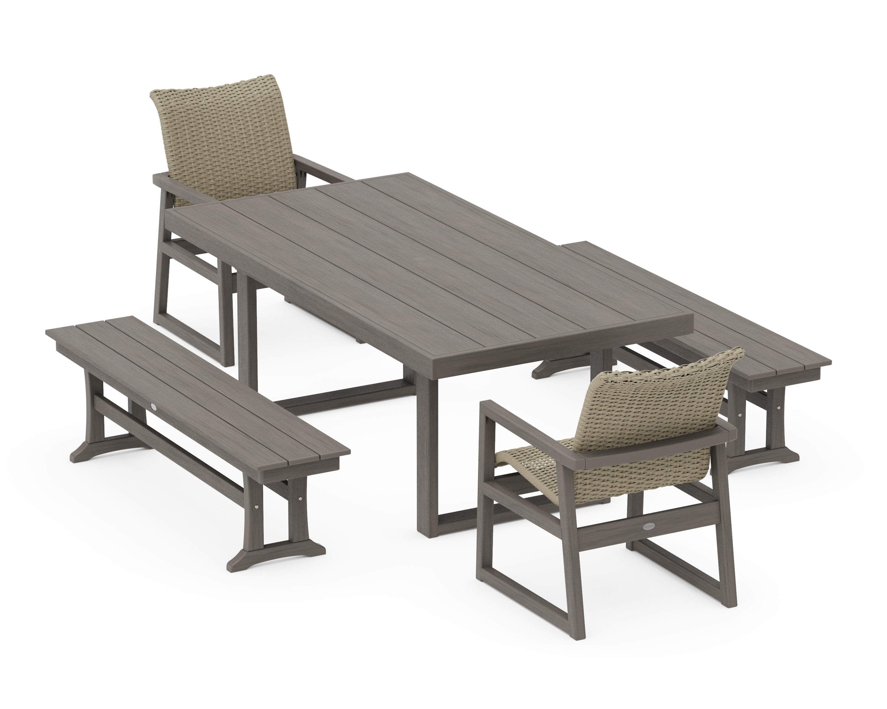 EDGE Woven 5-Piece Dining Set with Benches in Driftwood / Dune Grass