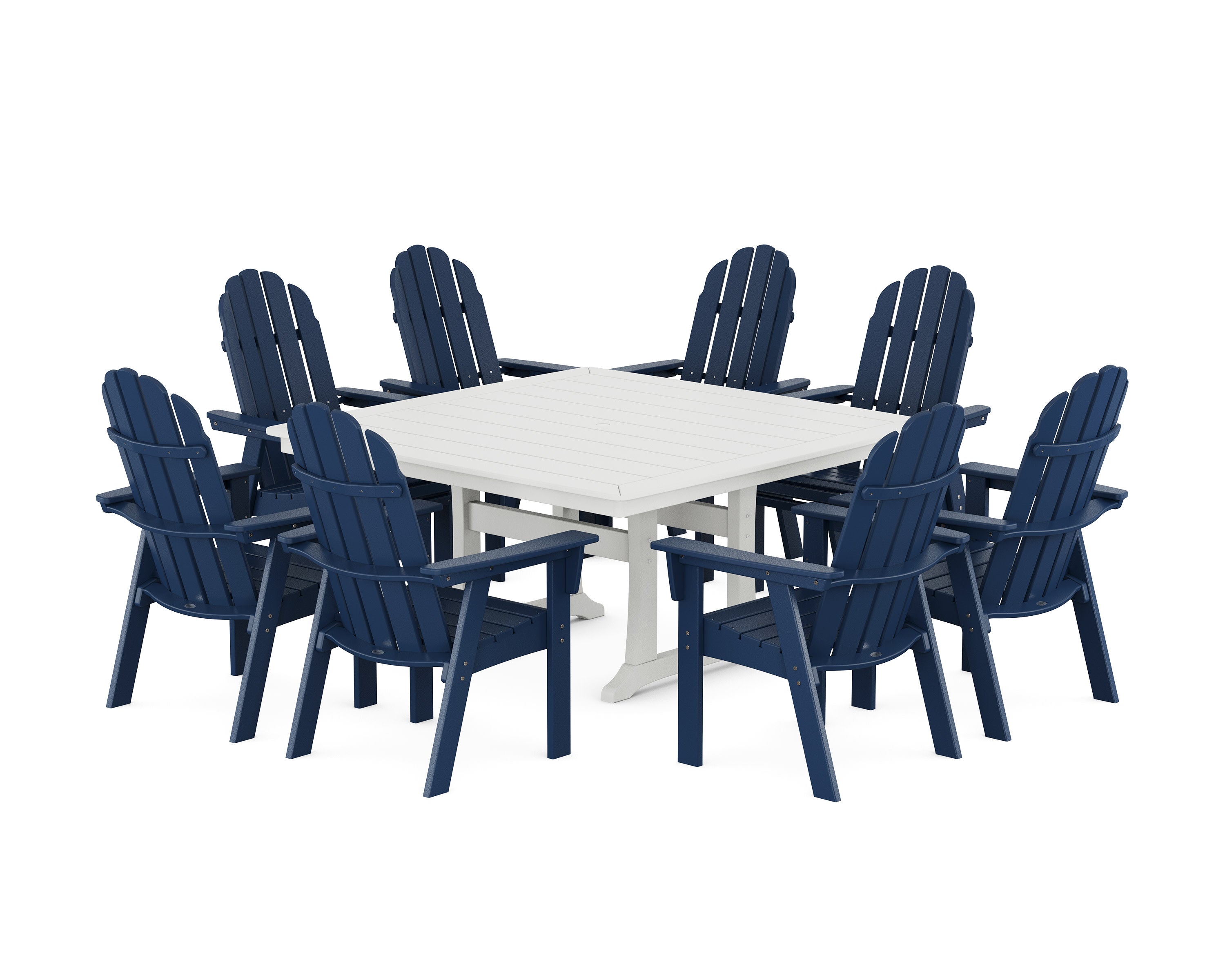 Vineyard Curveback Adirondack 9-Piece Nautical Trestle Dining Set in Navy / White