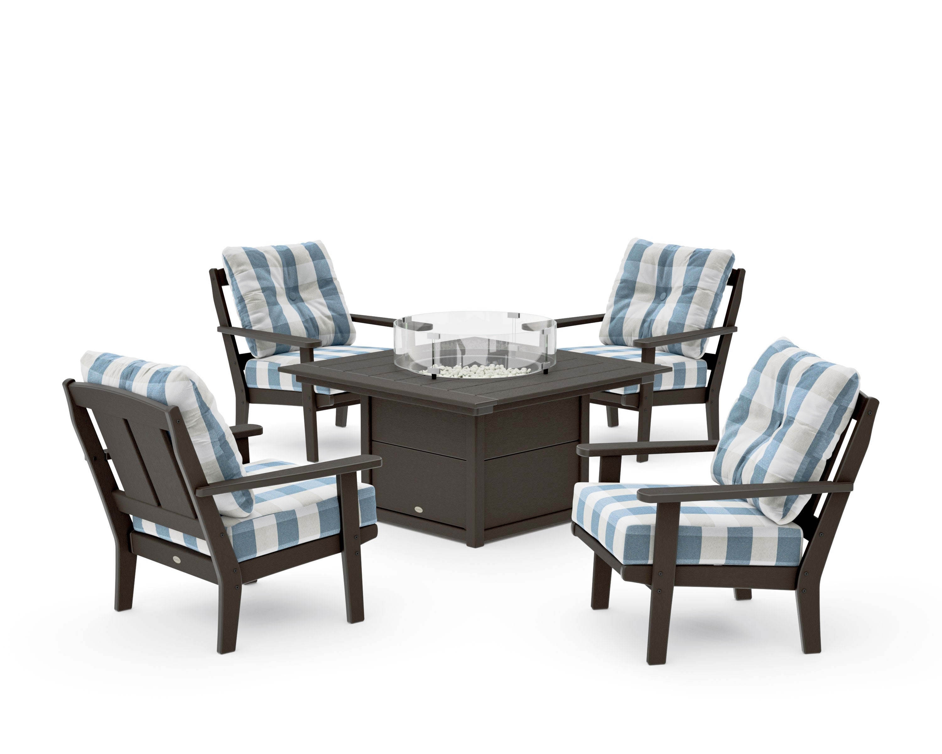 Mission 5-Piece Deep Seating Set with Fire Pit Table in Vintage Coffee / Buffalo Plaid Sky Blue