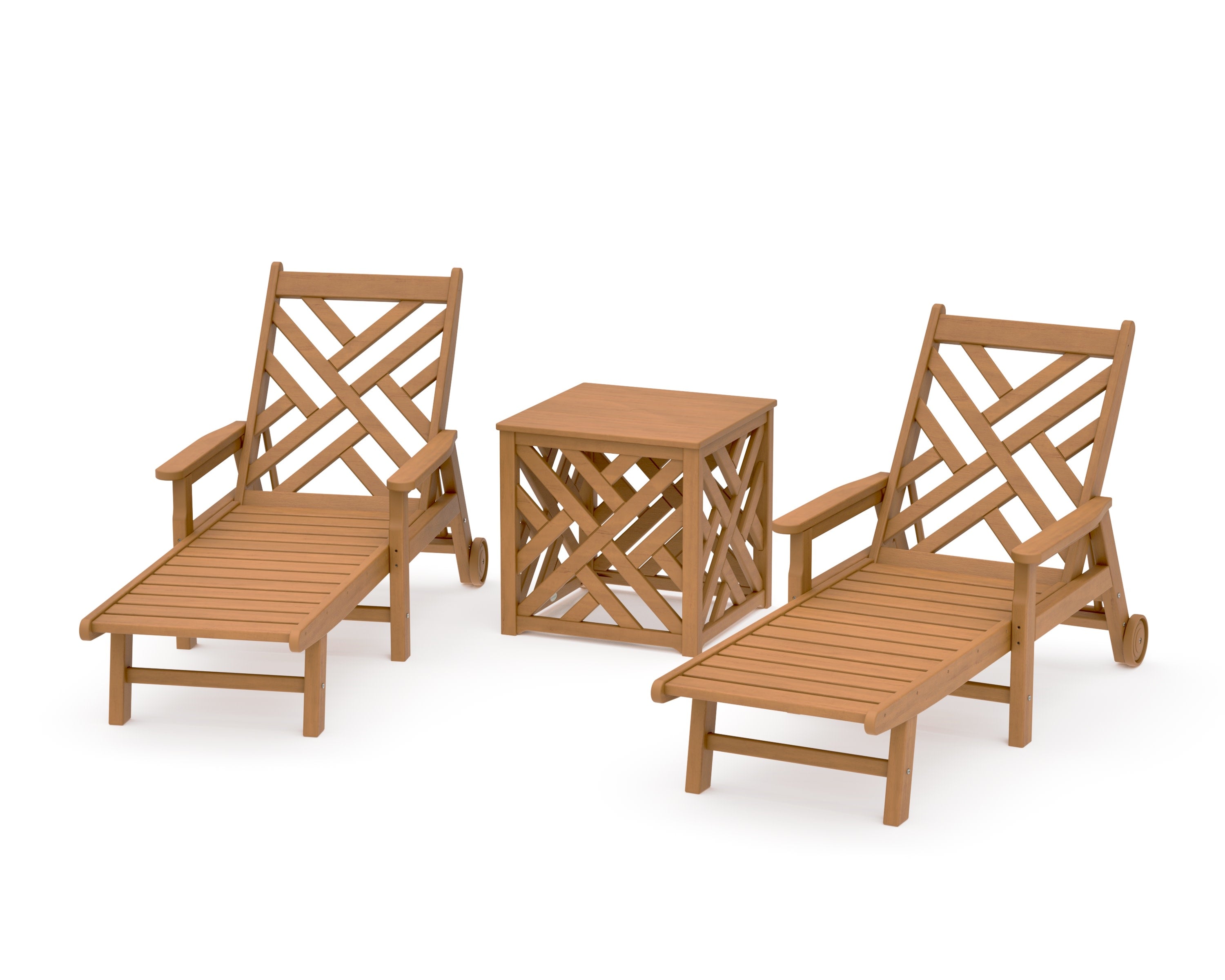 Chippendale 3-Piece Chaise Set with Umbrella Stand Accent Table in Natural