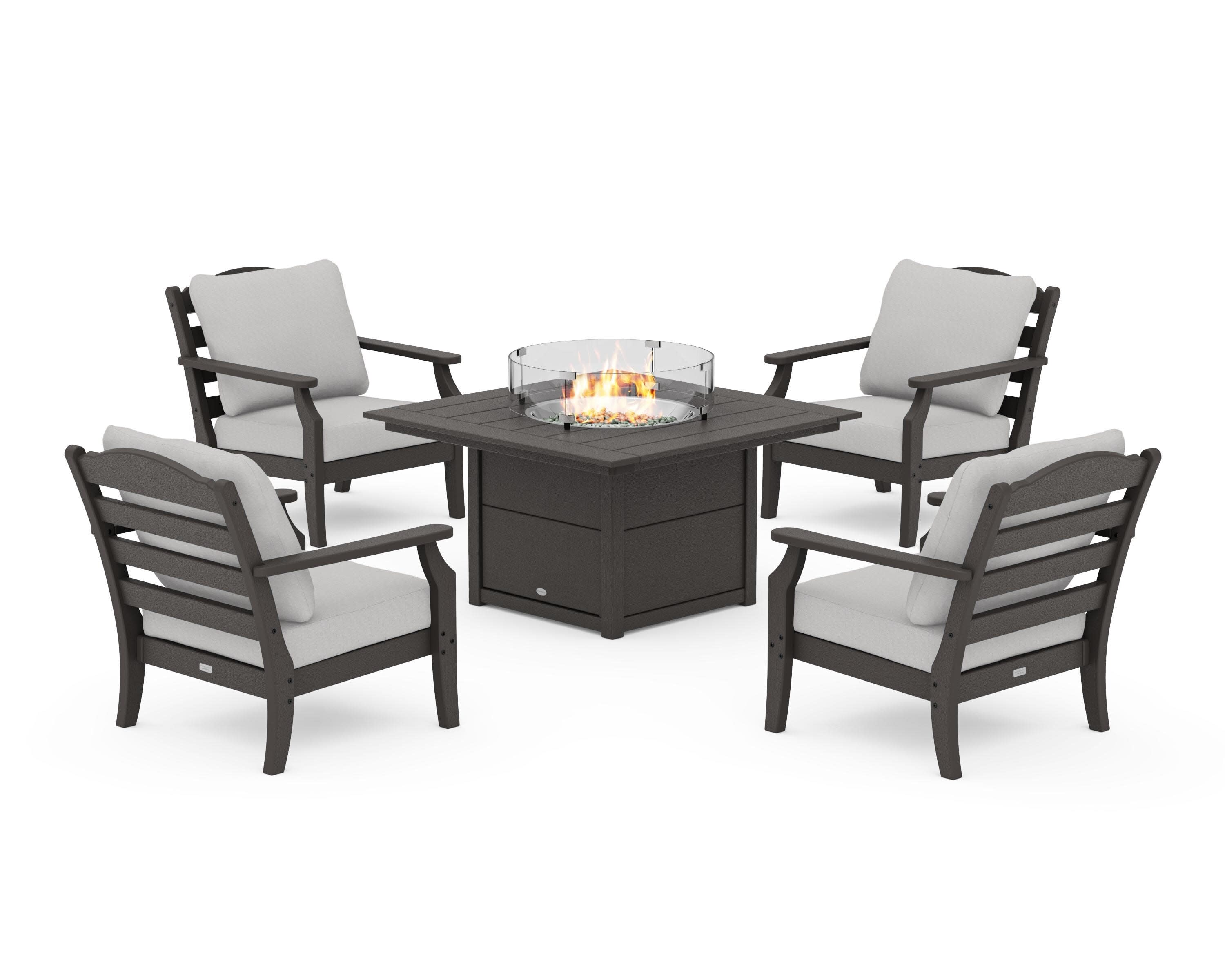 Savannah 5-Piece Deep Seating Set with Fire Pit Table in Vintage Coffee / Diamond in the Rough