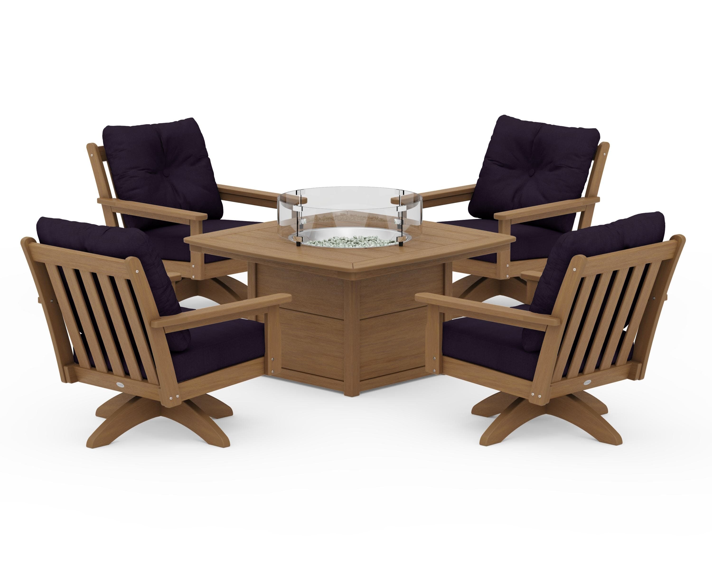 Vineyard 5-Piece Deep Seating Swivel Conversation Set with Fire Pit Table in Natural / Navy Linen