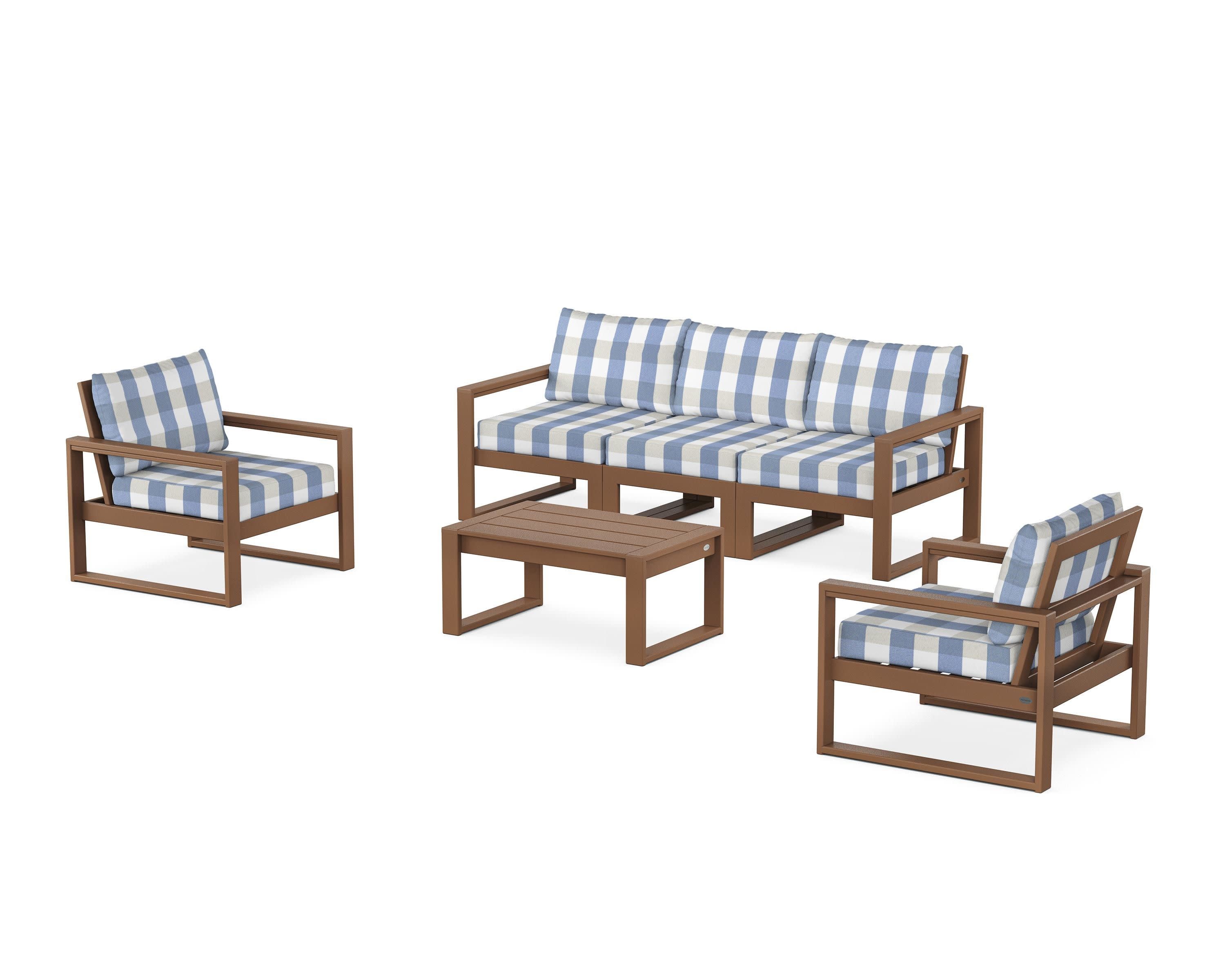 EDGE Sectional 4-Piece Deep Seating Set with Sofa in Teak / Buffalo Plaid Sky Blue