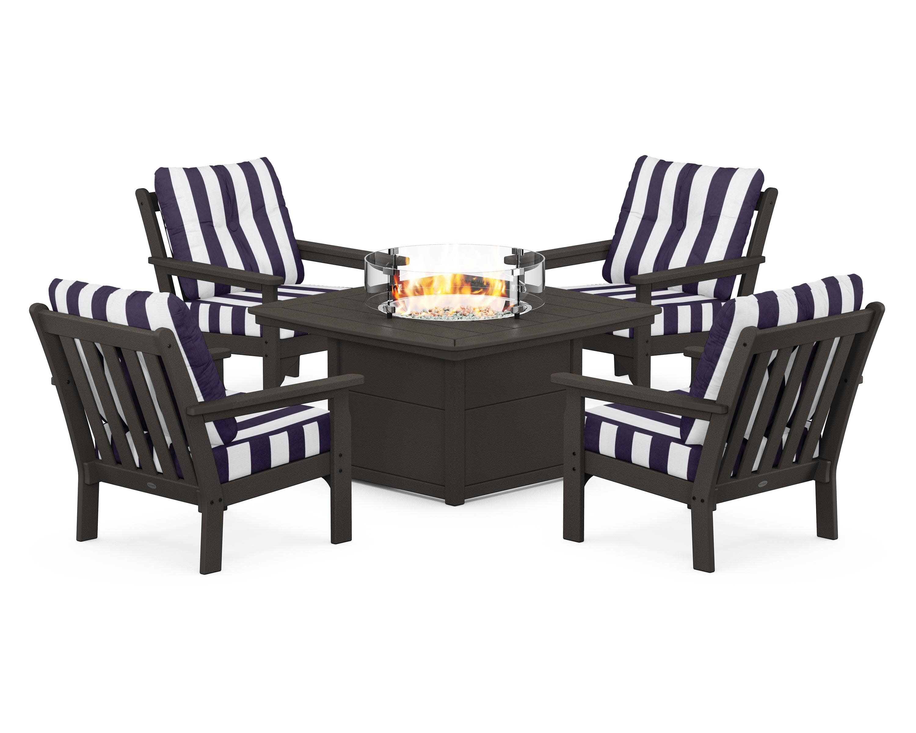 Vineyard 5-Piece Conversation Set with Fire Pit Table in Vintage Coffee / Cabana Stripe Navy