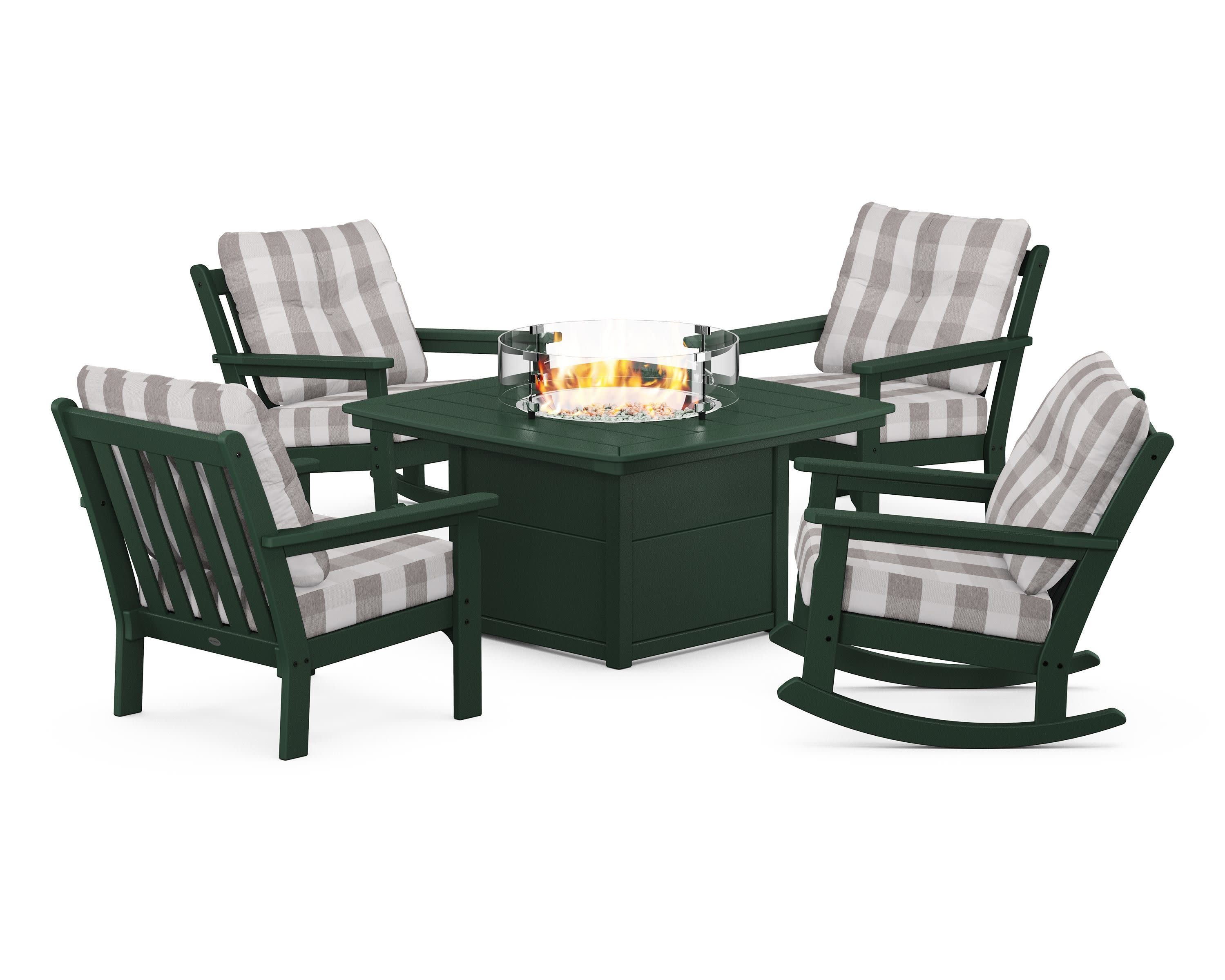 Vineyard 5-Piece Deep Seating Rocking Chair Conversation Set with Fire Pit Table in Green / Buffalo Plaid Grey Mist