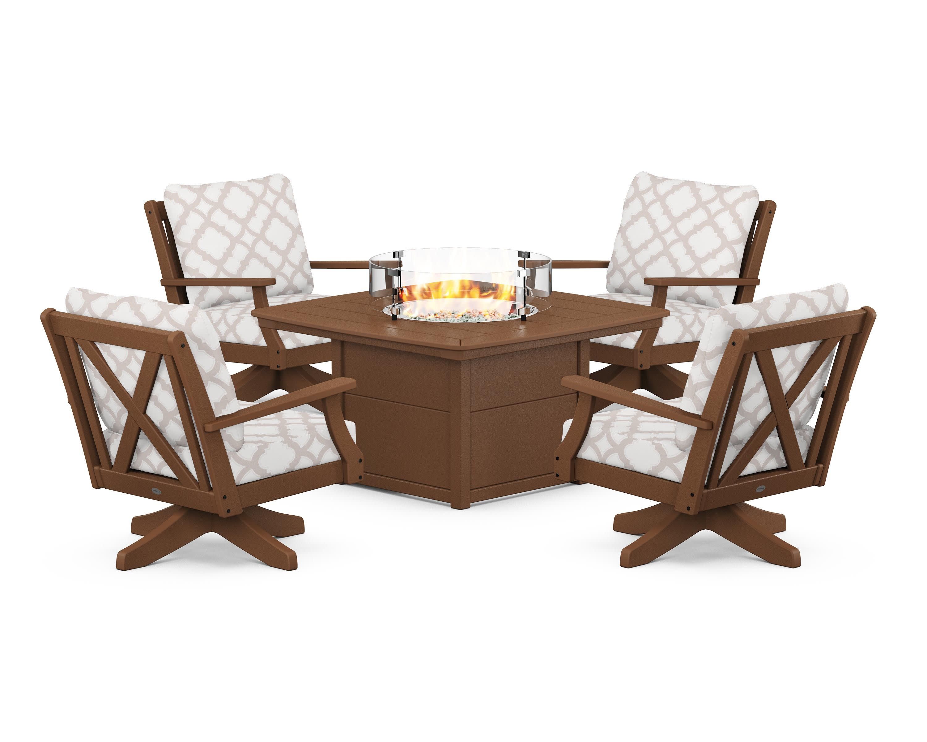 Braxton 5-Piece Deep Seating Swivel Conversation Set with Fire Pit Table in Teak / Trellis Dune Burlap