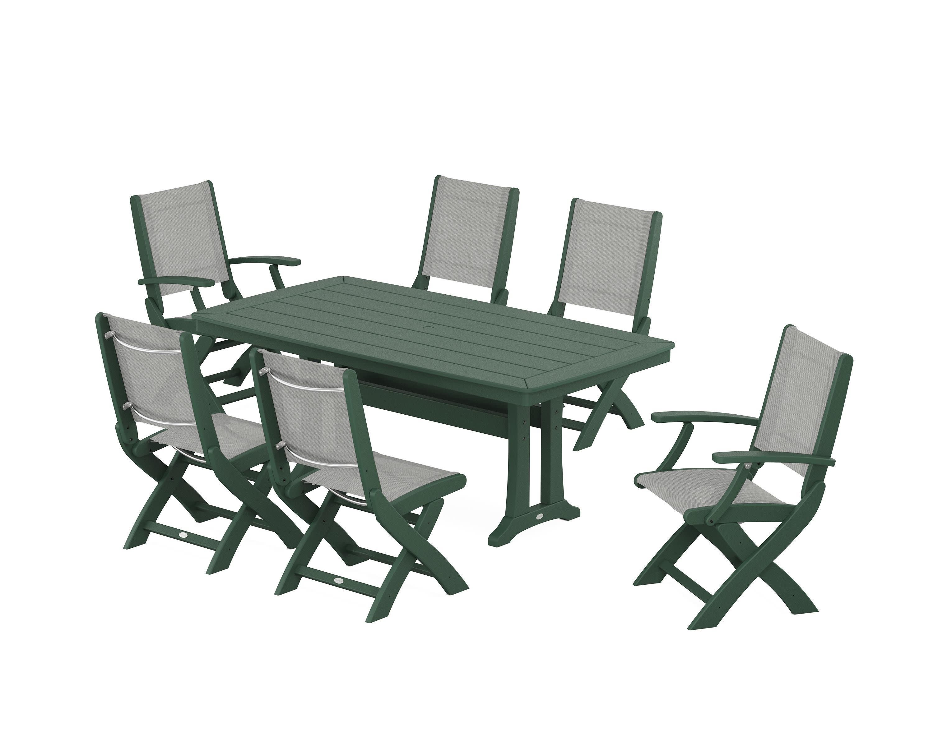 Coastal Folding Chair 7-Piece Dining Set with Trestle Legs in Green / Metallic Sling