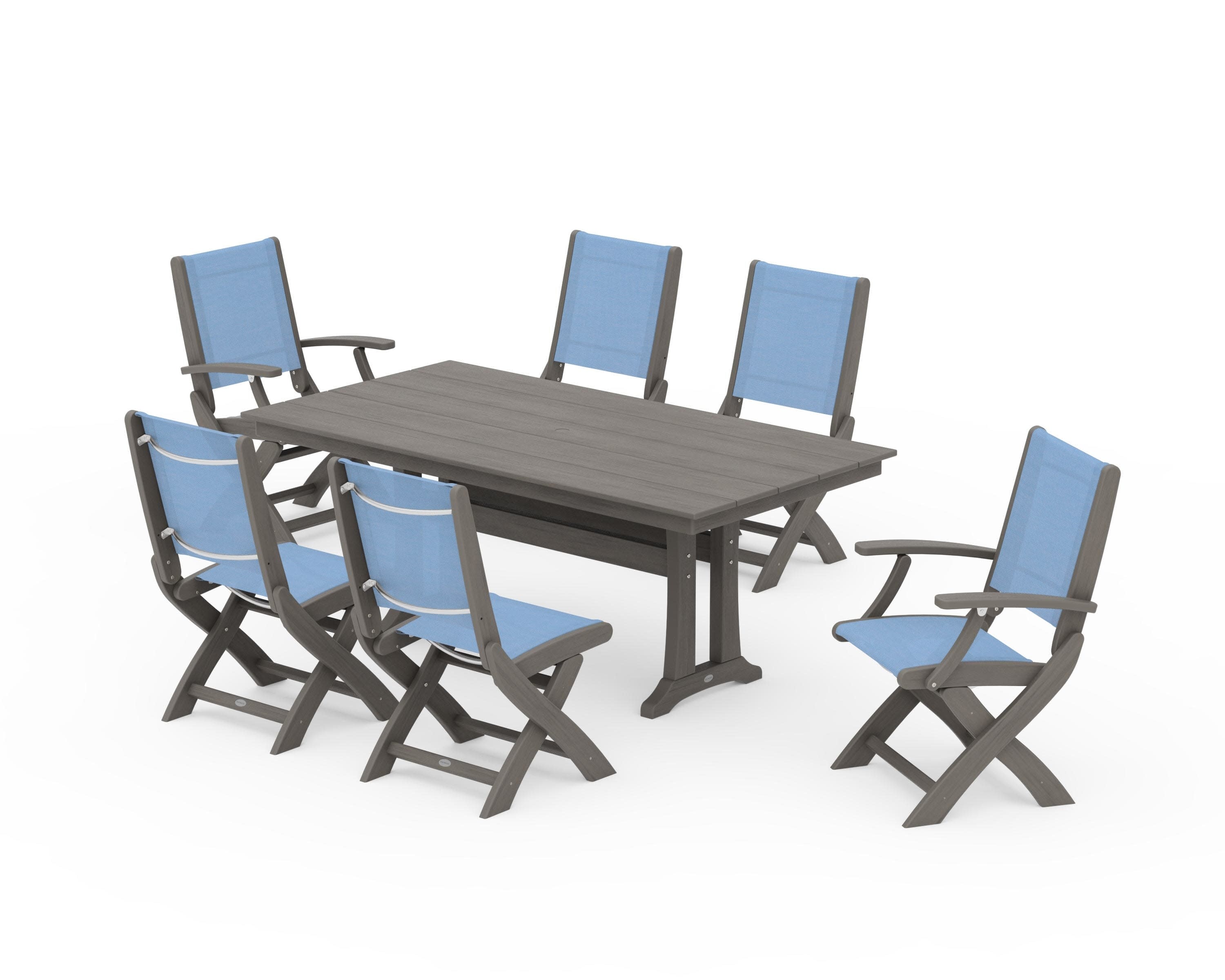 Coastal Folding Chair 7-Piece Farmhouse Dining Set with Trestle Legs in Driftwood / Poolside Sling