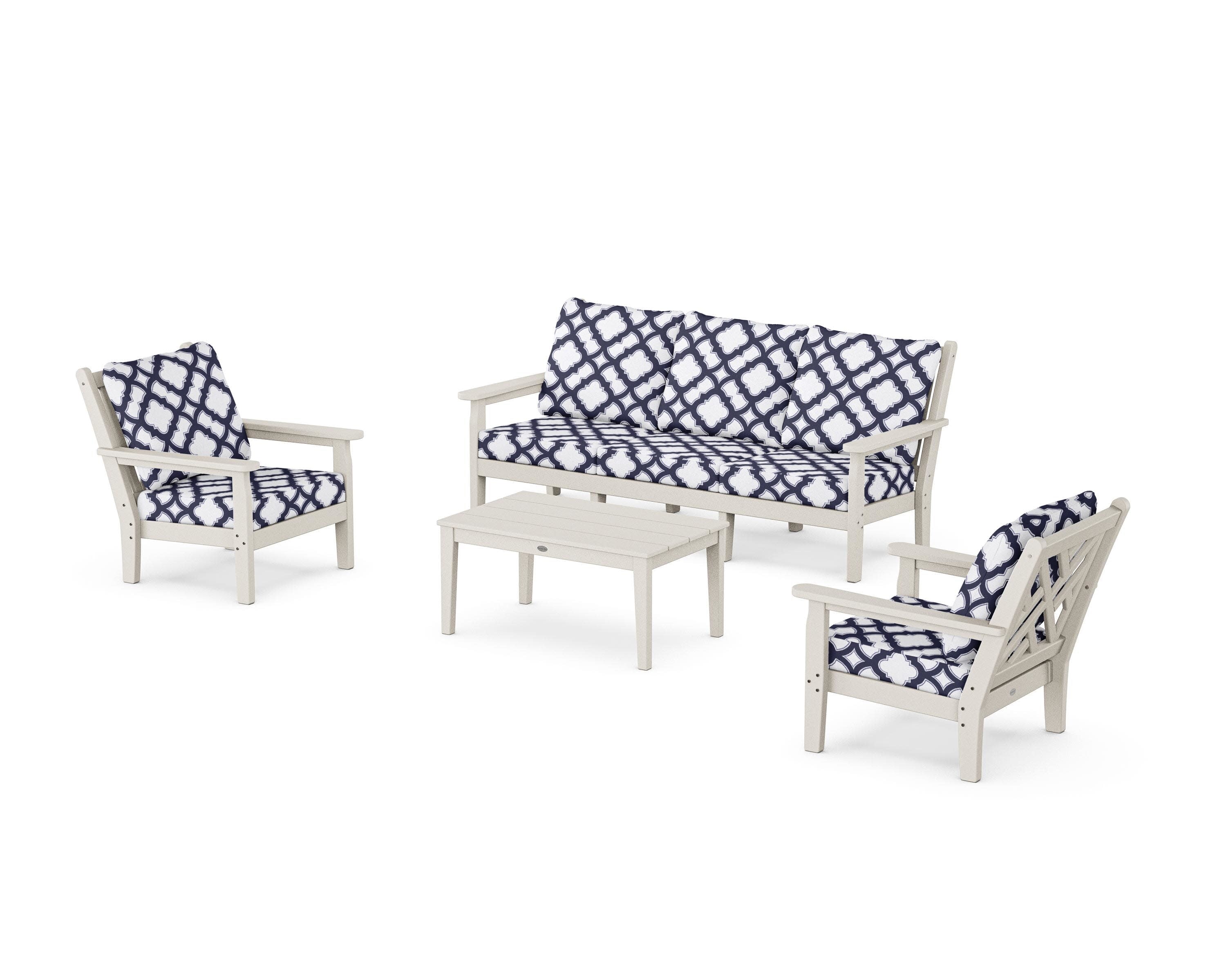 Chippendale 4-Piece Deep Seating Set with Sofa in Sand / Trellis Navy
