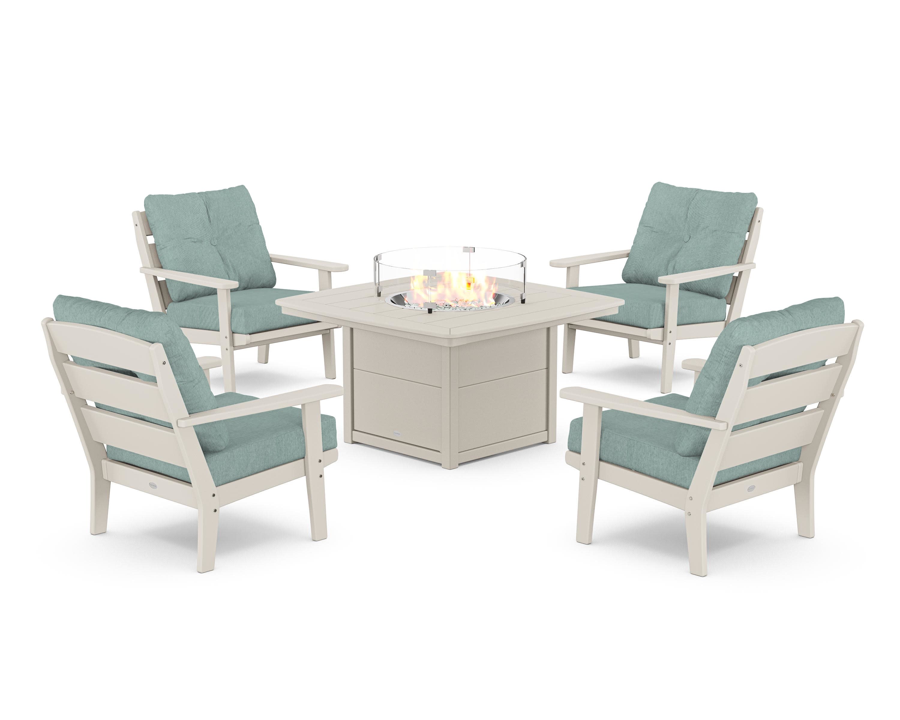 Lakeside 5-Piece Deep Seating Set with Nautical Fire Pit Table in Sand / Glacier Spa
