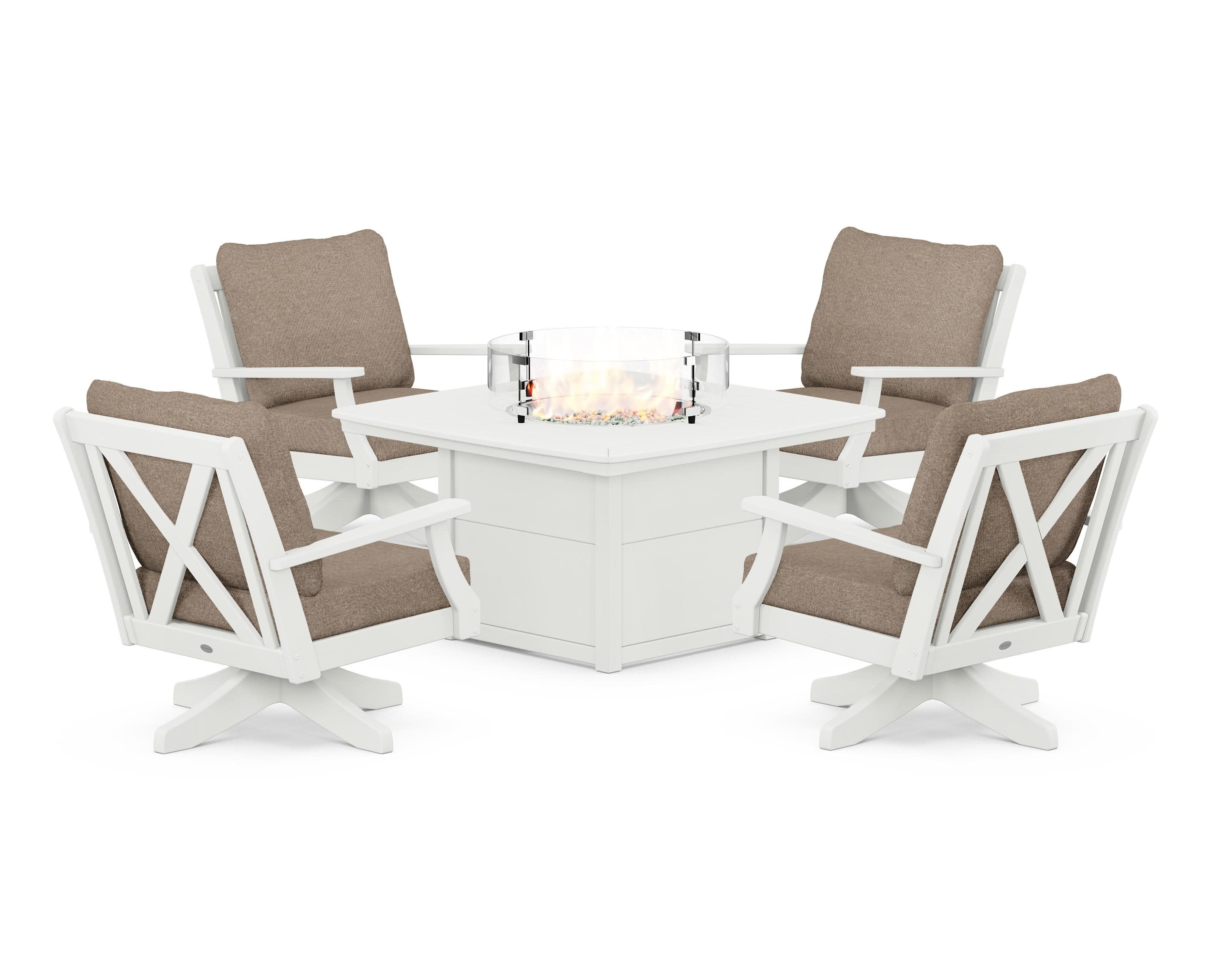 Braxton 5-Piece Deep Seating Swivel Conversation Set with Fire Pit Table in Vintage White / Spiced Burlap