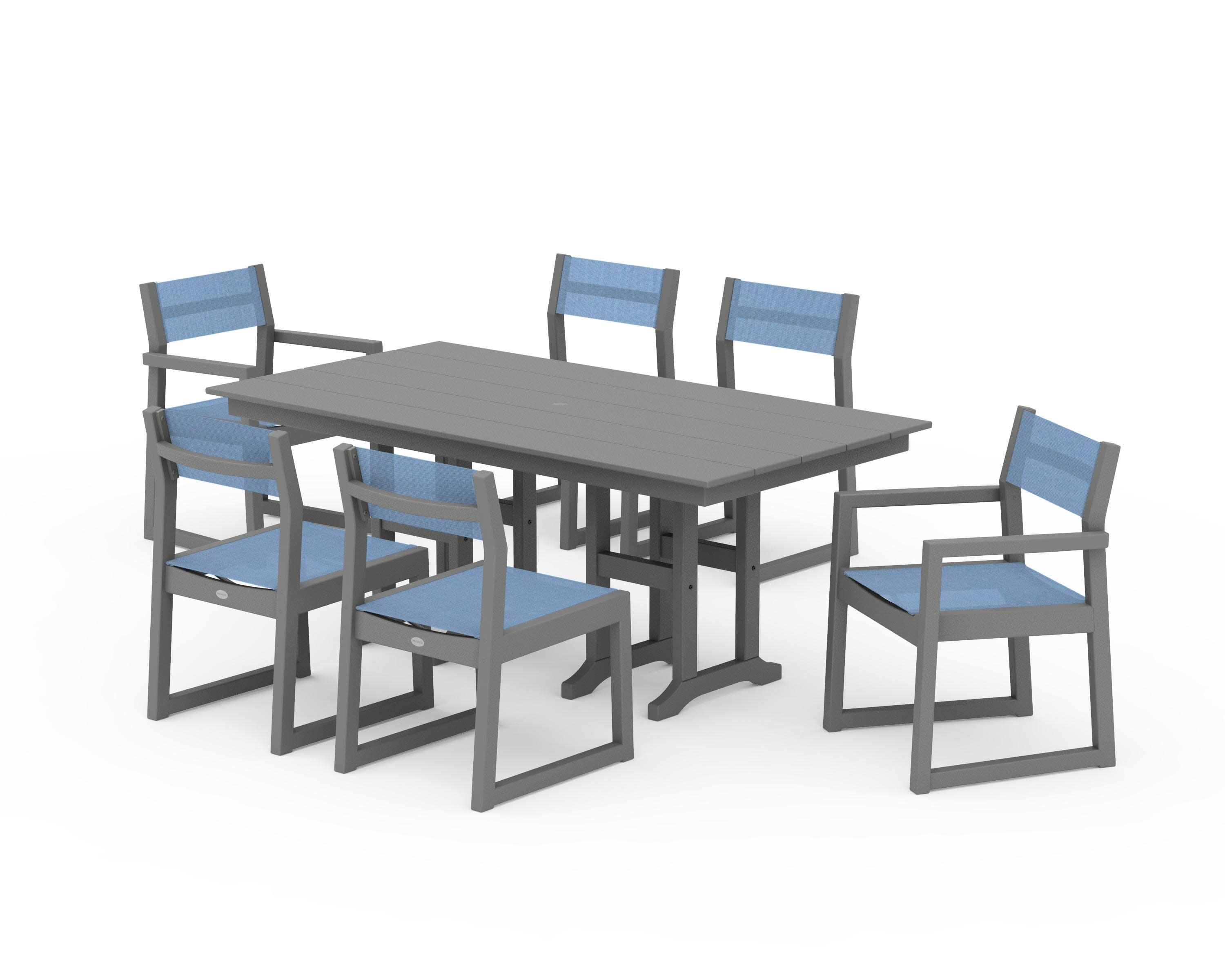 EDGE Sling 7-Piece Farmhouse Dining Set in Slate Grey / Poolside Sling