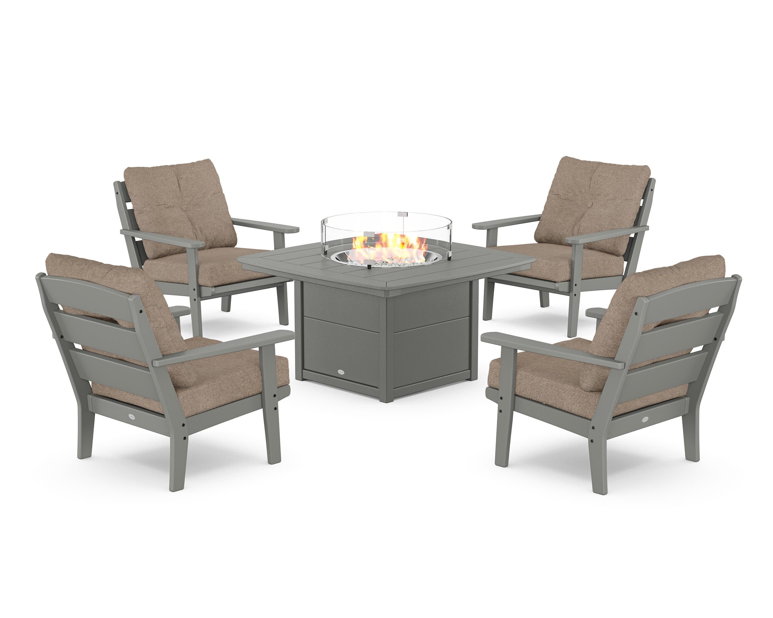 Lakeside 5-Piece Deep Seating Set with Nautical Fire Pit Table in Slate Grey / Spiced Burlap