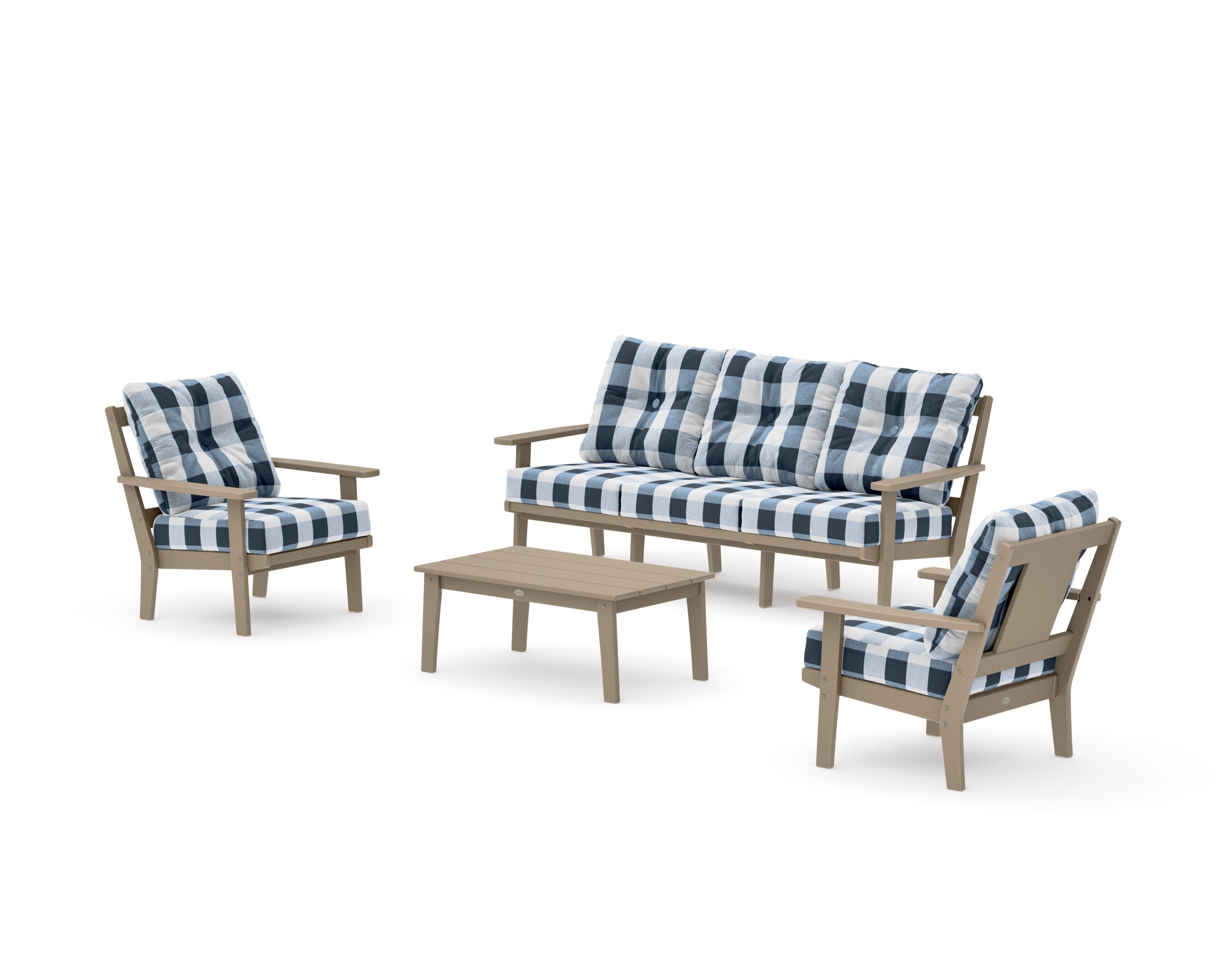 Prairie 4-Piece Deep Seating Set with Sofa in Vintage Sahara / Buffalo Plaid Marine Indigo