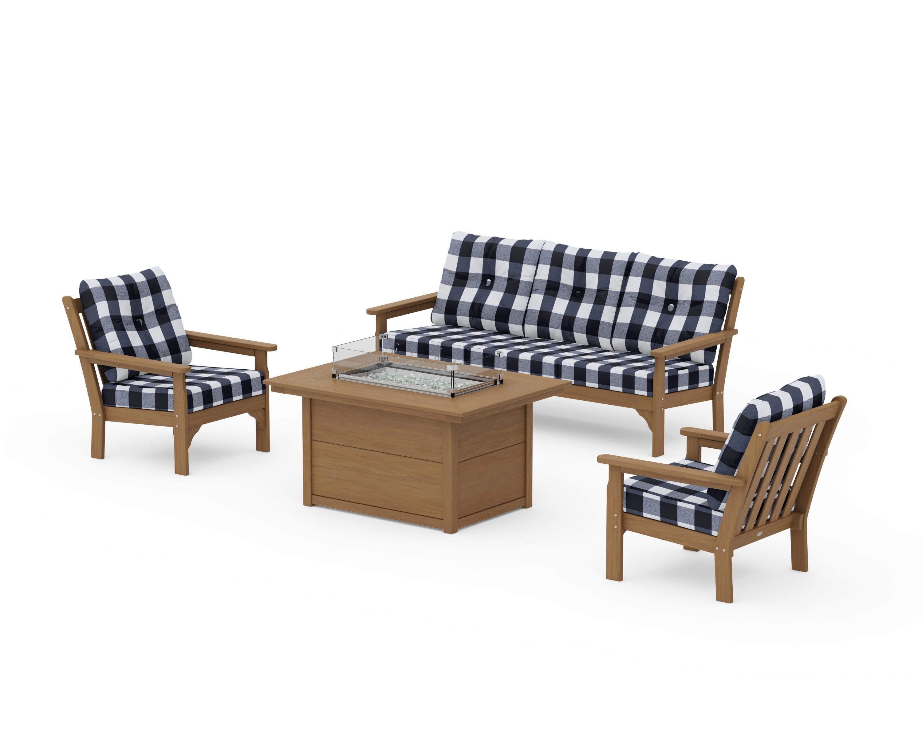 Vineyard Deep Seating Fire Pit Table Set in Natural / Buffalo Plaid Marine Indigo