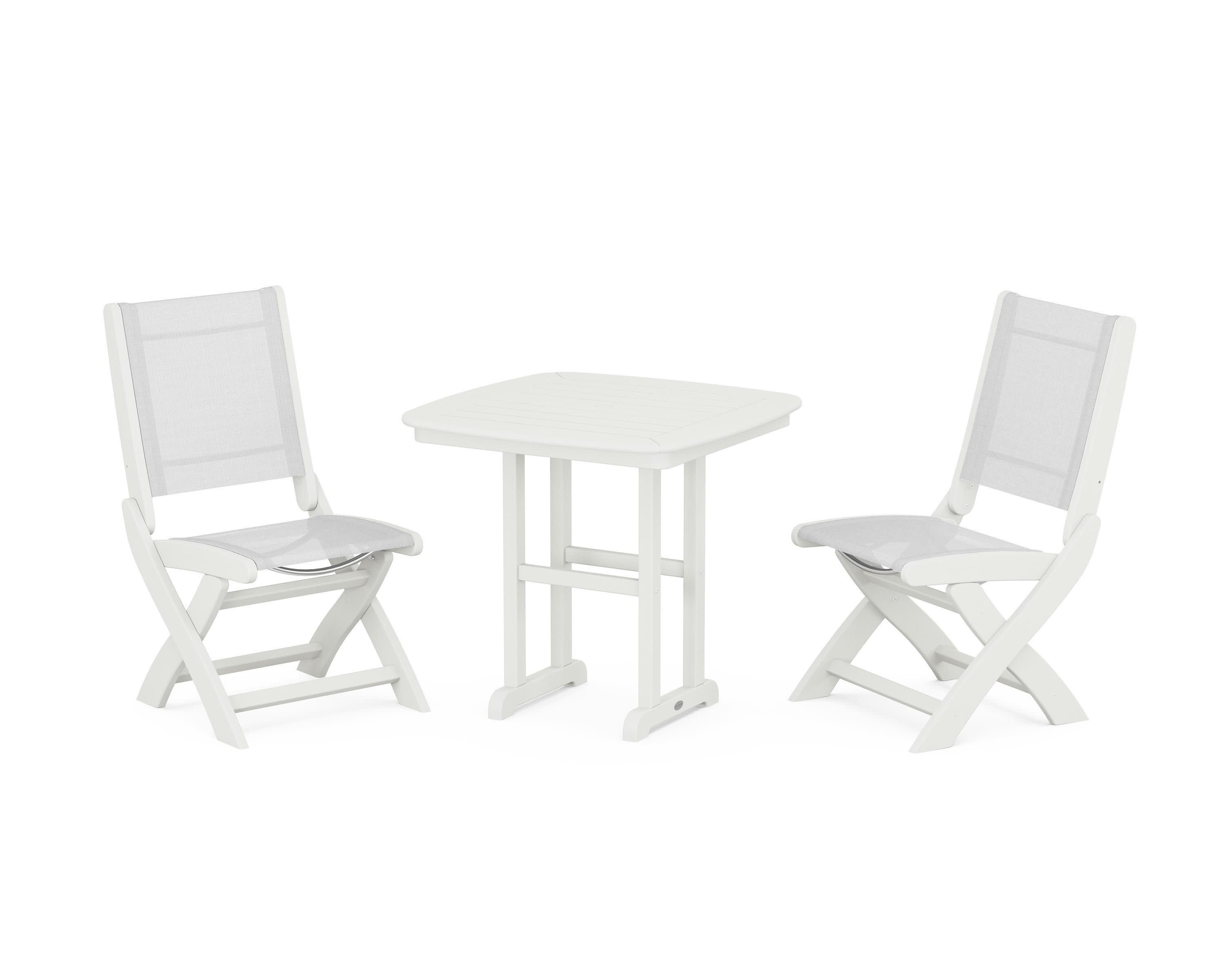 Coastal Folding Side Chair 3-Piece Dining Set in Vintage White / White Sling