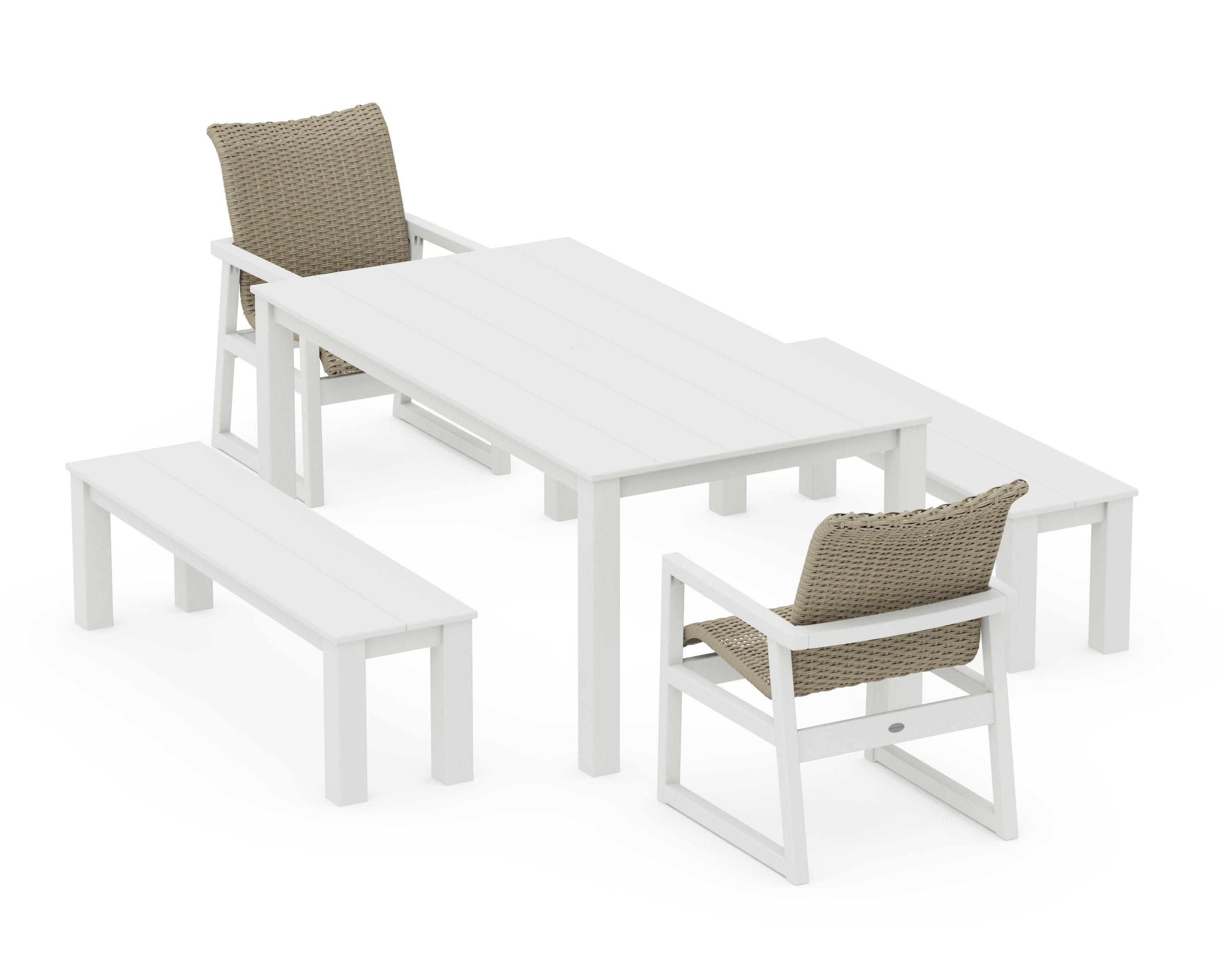 EDGE Woven 5-Piece Parsons Dining Set with Benches in Vintage White / Dune Grass