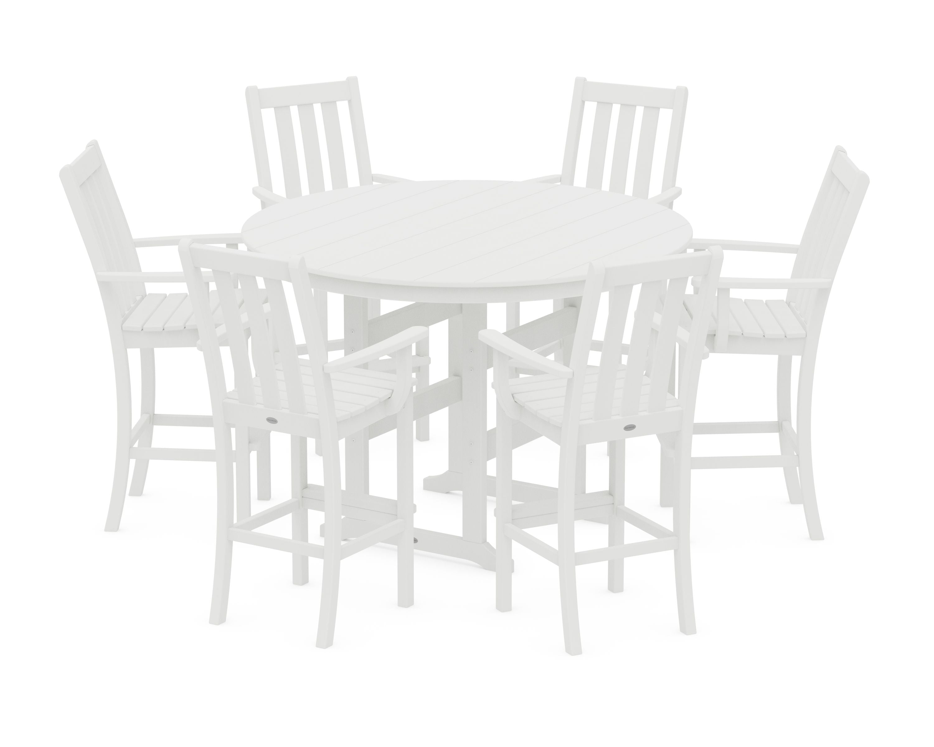 Vineyard 7-Piece Arm Chair Round Farmhouse Bar Set in White