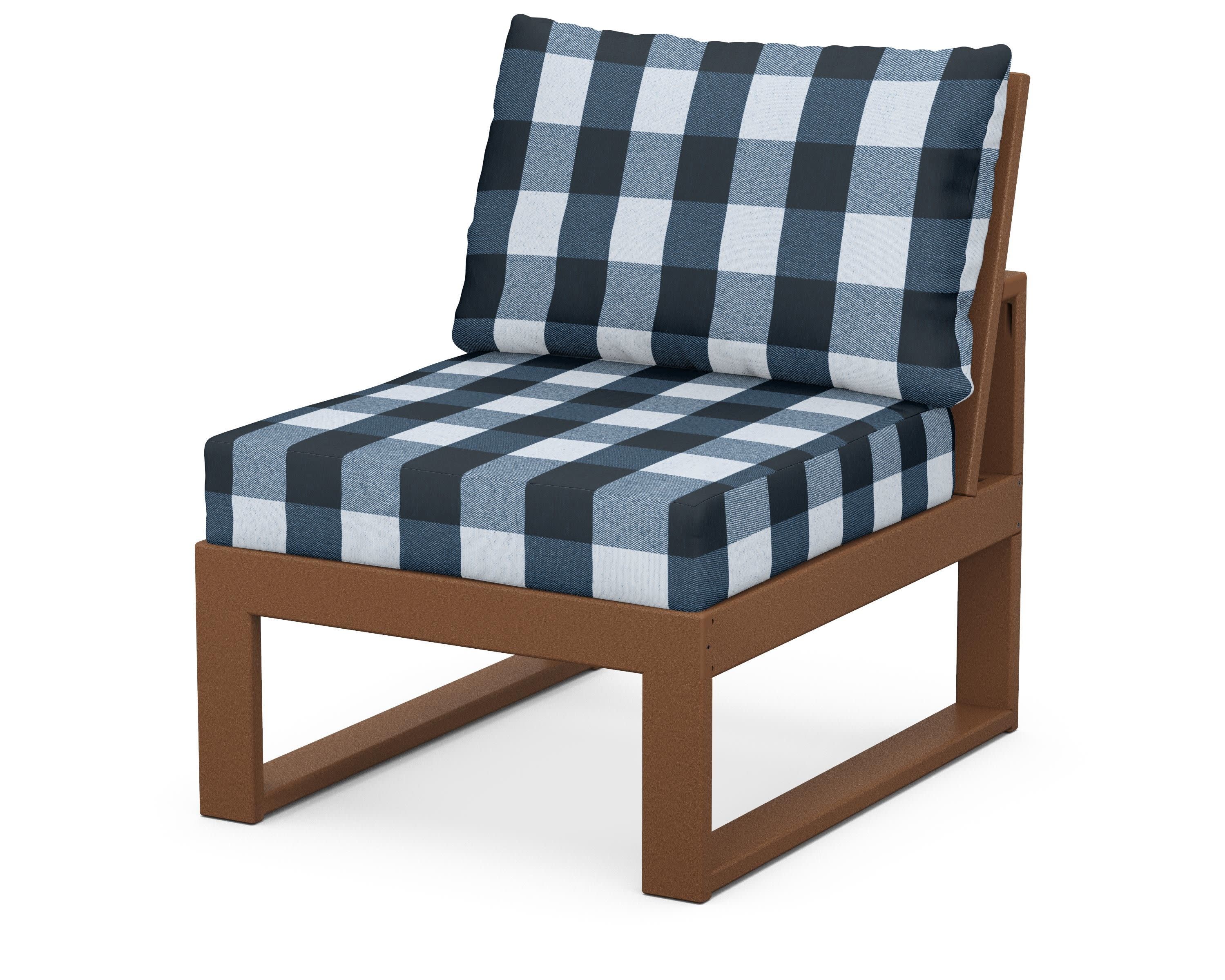 Modular Armless Chair in Teak / Buffalo Plaid Marine Indigo