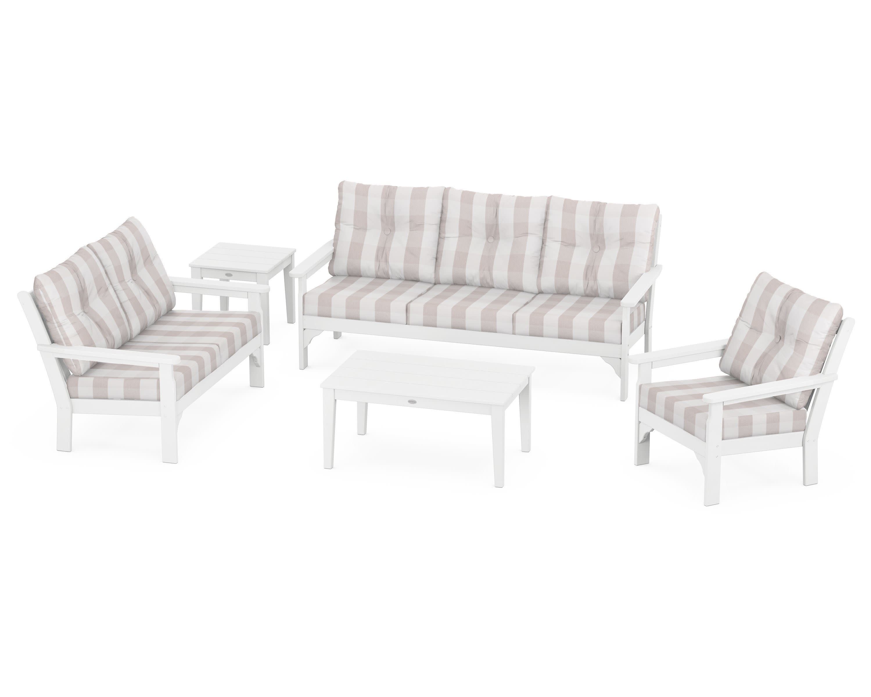 Vineyard 5 Piece Deep Seating Set in White / Buffalo Plaid Dune Burlap
