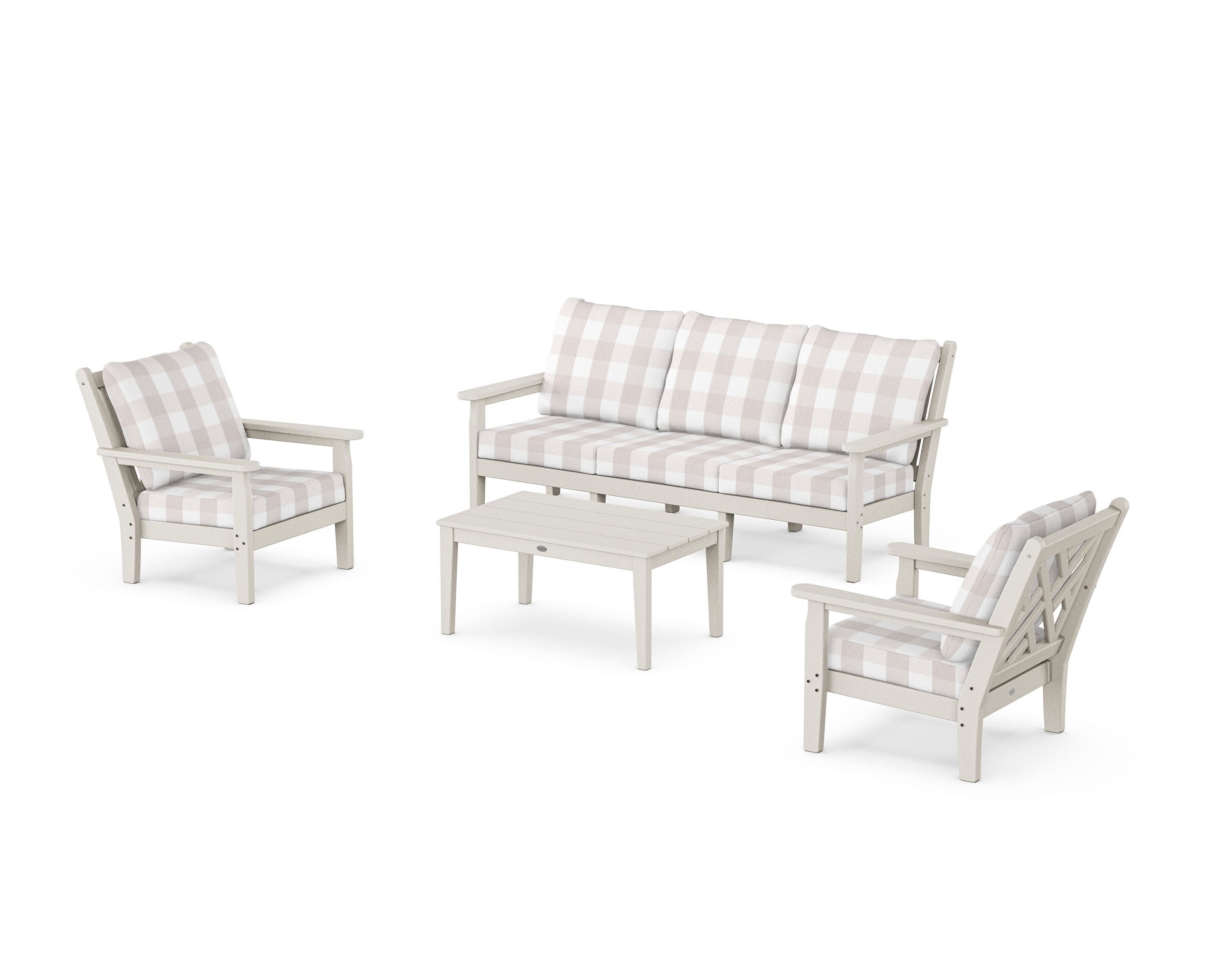 Chippendale 4-Piece Deep Seating Set with Sofa in Sand / Buffalo Plaid Dune Burlap