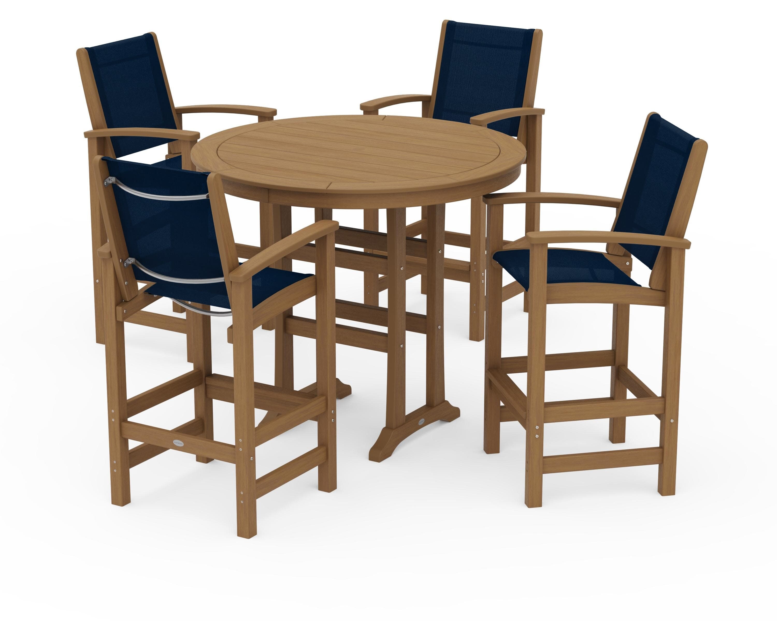 Coastal 5-Piece Nautical Trestle Bar Set in Natural / Navy Blue Sling