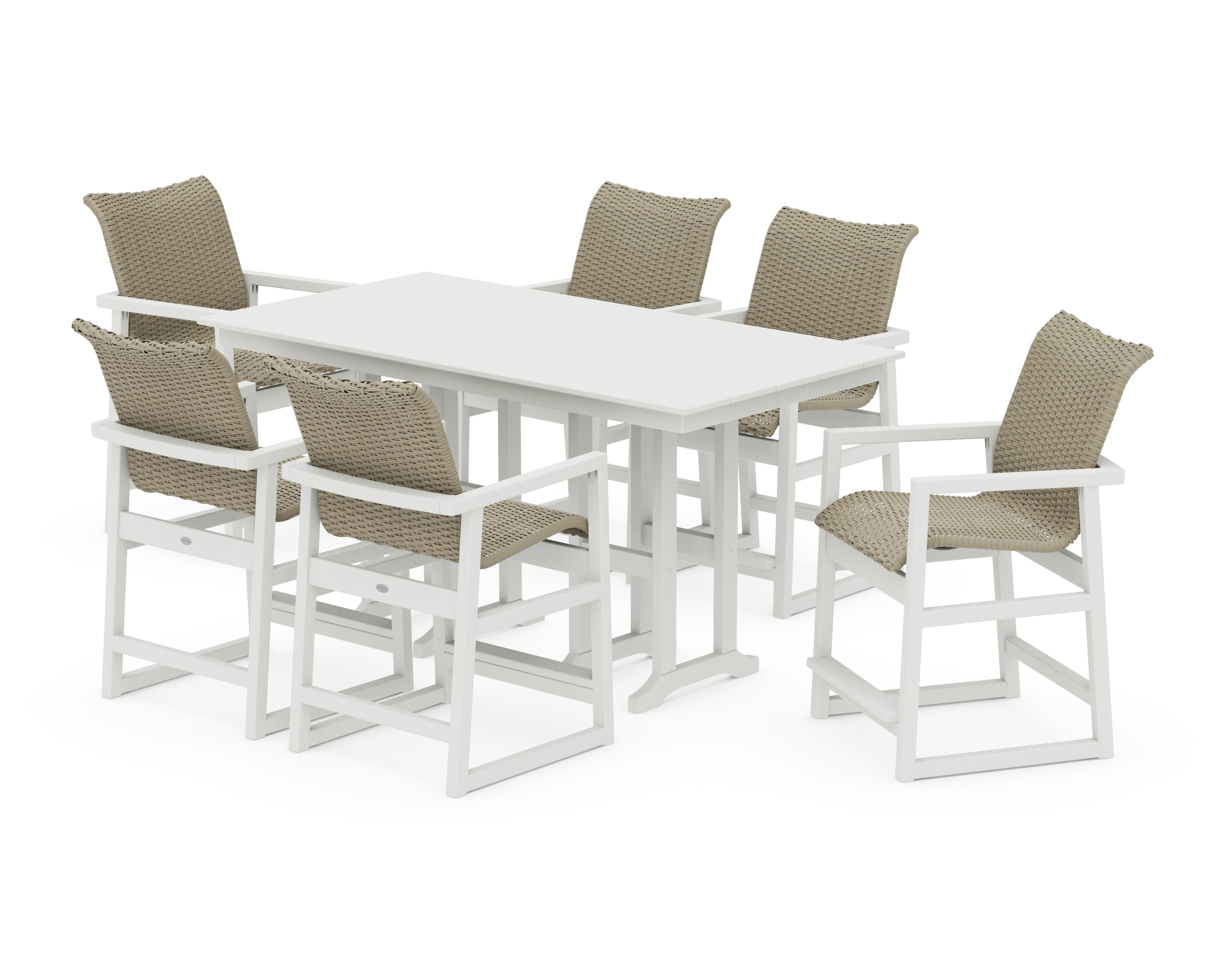 EDGE Woven Arm Chair 7-Piece Farmhouse Counter Set in Vintage White / Dune Grass