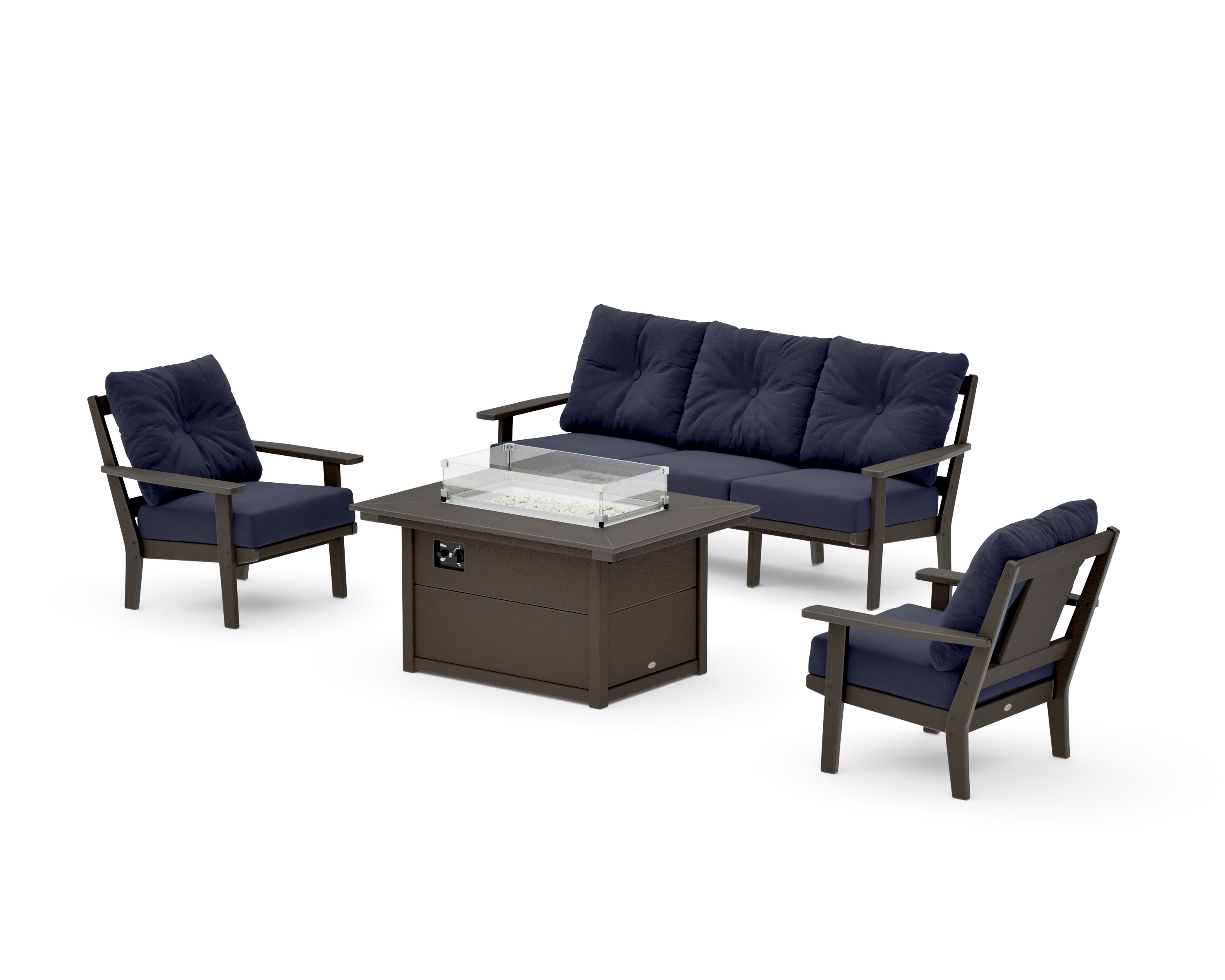 Prairie Deep Seating Fire Pit Table Set in Vintage Coffee / Navy Linen