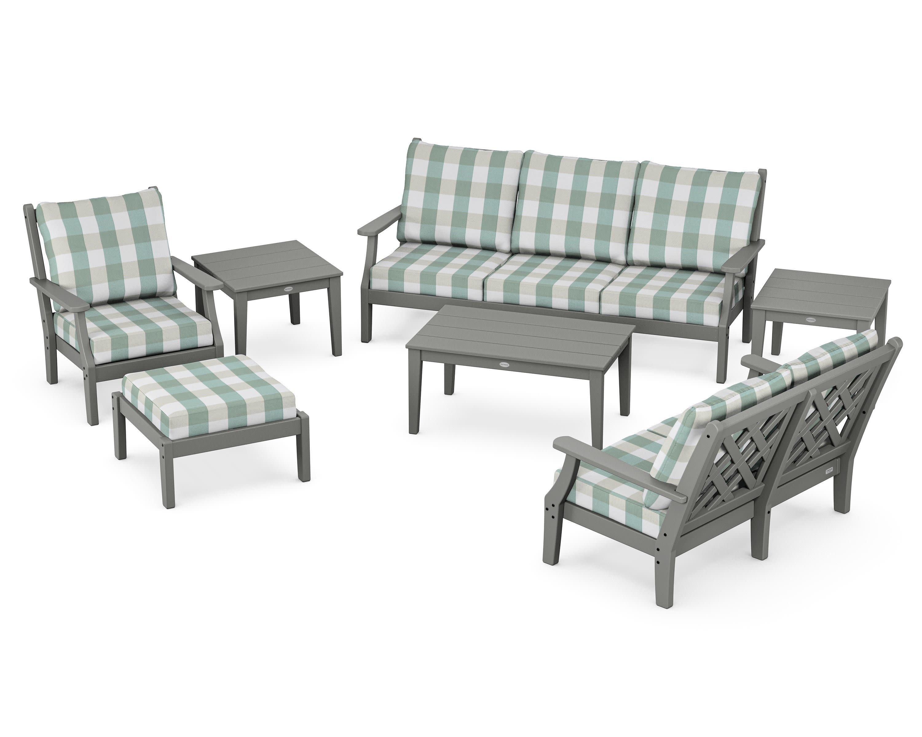 Wovendale 7-Piece Deep Seating Set in Slate Grey / Buffalo Plaid Glacier Spa
