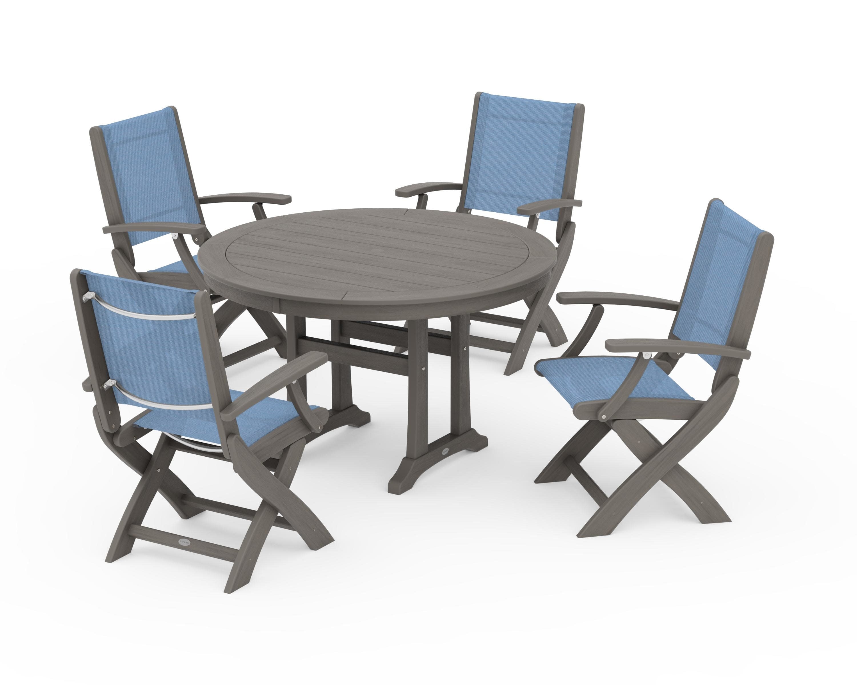 Coastal Folding Chair 5-Piece Round Dining Set with Trestle Legs in Driftwood / Poolside Sling