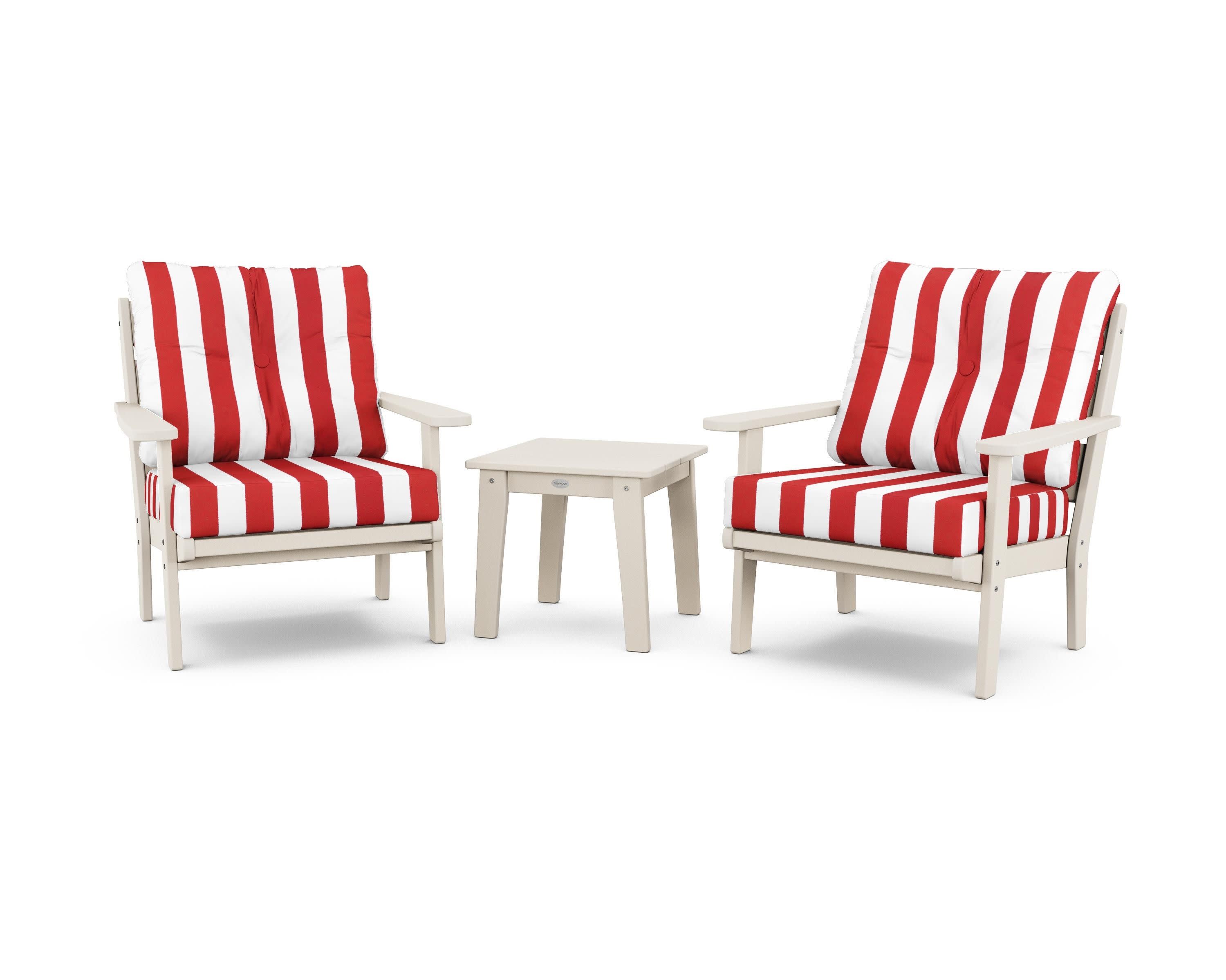 Lakeside 3-Piece Deep Seating Chair Set in Sand / Cabana Stripe Crimson