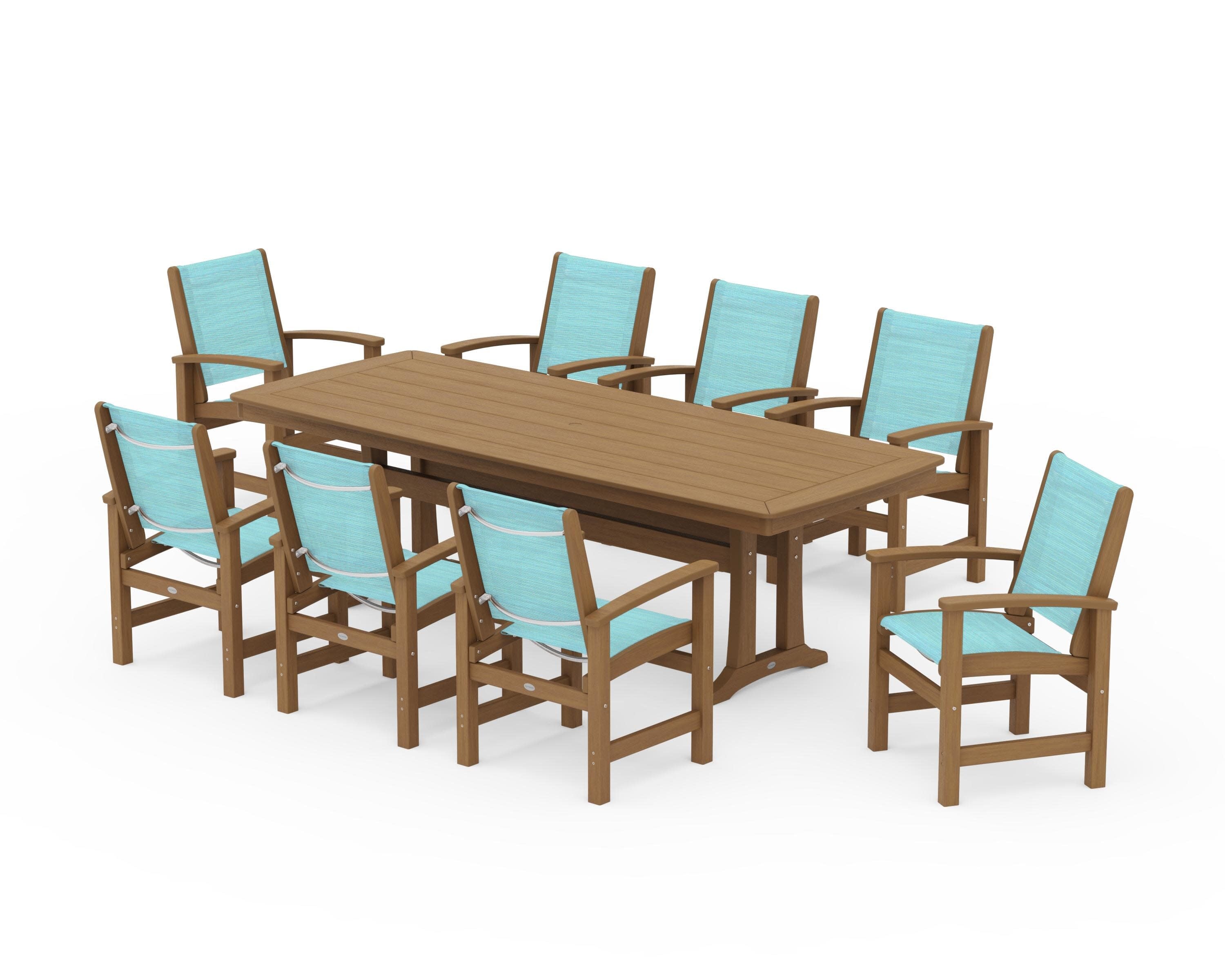 Coastal 9-Piece Dining Set with Trestle Legs in Natural / Dupioni Aquamarine Sling