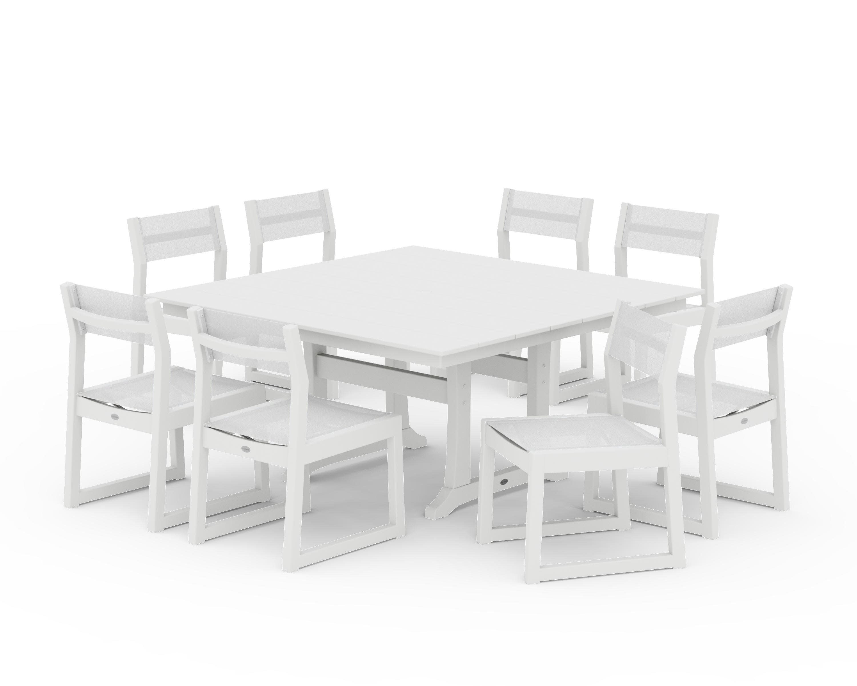 EDGE Sling Side Chair 9-Piece Farmhouse Trestle Dining Set in White / White Sling