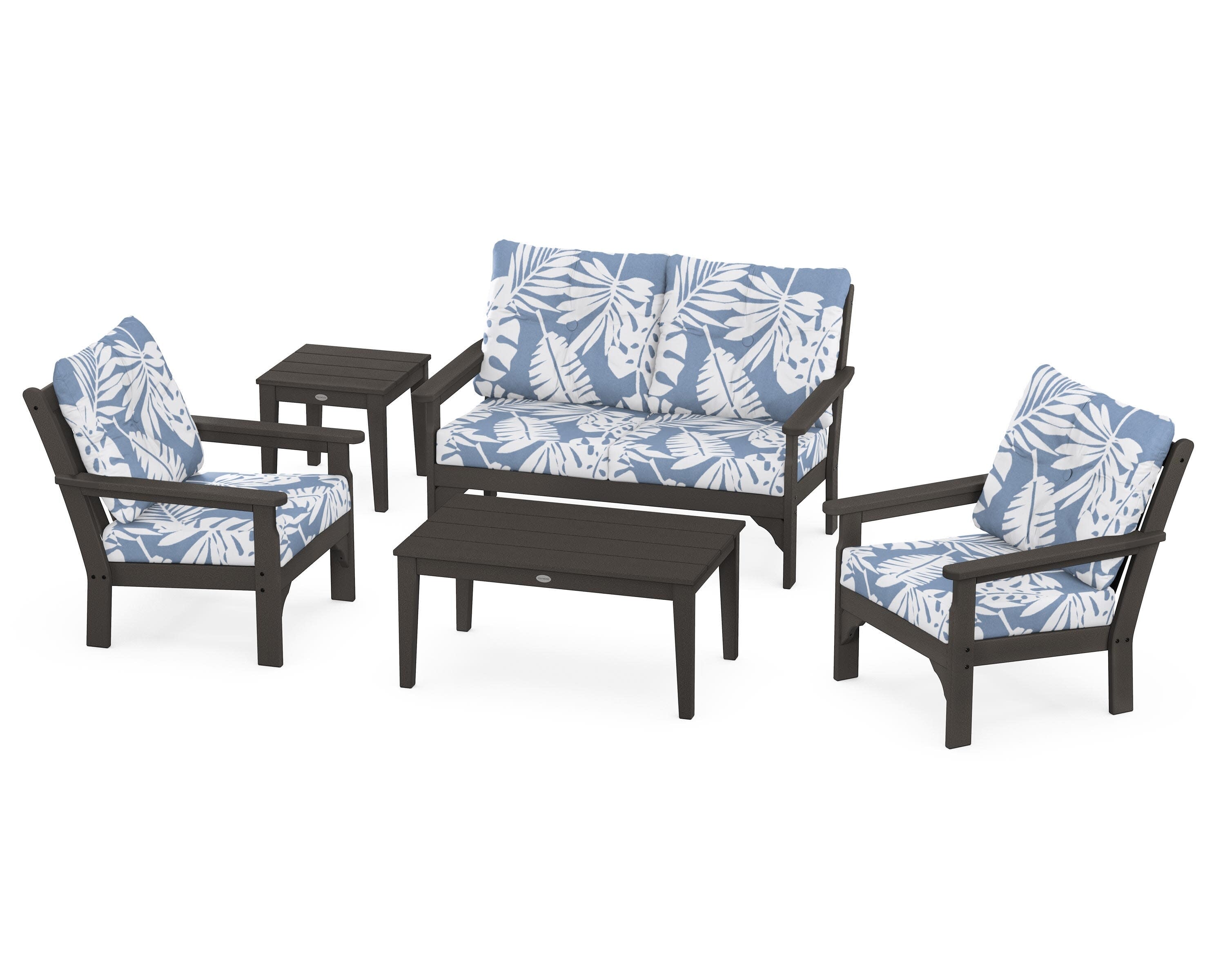 Vineyard 5-Piece Deep Seating Set in Vintage Coffee / Leaf Sky Blue
